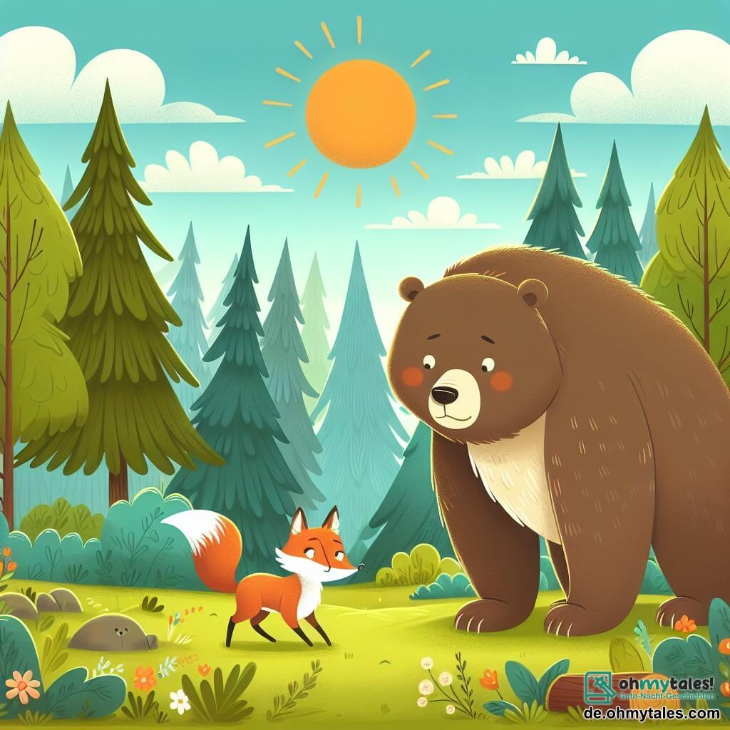 Une illustration destinée aux enfants représentant un gros ours maladroit, un petit renard malicieux, dans une clairière ensoleillée du bois enchanté.