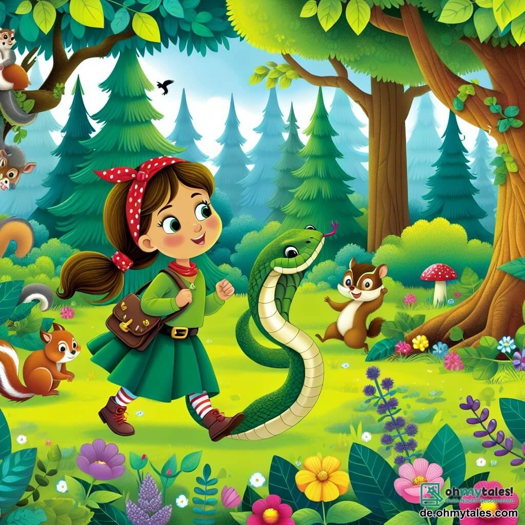 Une illustration destinée aux enfants représentant une jeune serpent, fille, courageuse et déterminée, accompagnée d'un malicieux écureuil, garçon, explorant un magnifique et enchanté bois verdoyant, rempli d'arbres majestueux, de fleurs colorées et d'animaux curieux.