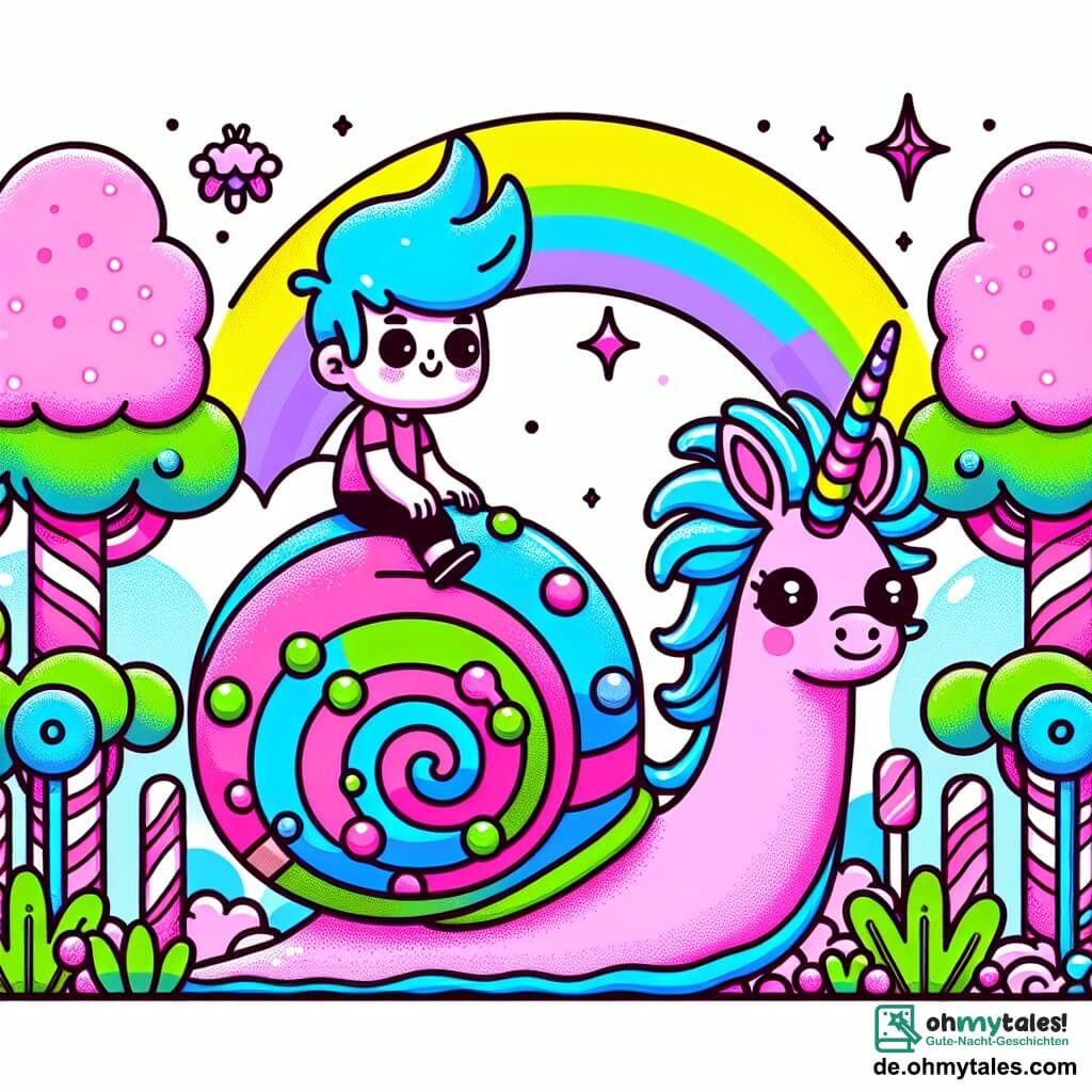 Une illustration destinée aux enfants représentant un garçon aux cheveux bleus fluo chevauchant un escargot géant rose à pois verts dans un jardin de bonbons aux arbres en barbe à papa, accompagné d'une licorne rose à rayures arc-en-ciel, dans la ville fantastique de Sucrélia.