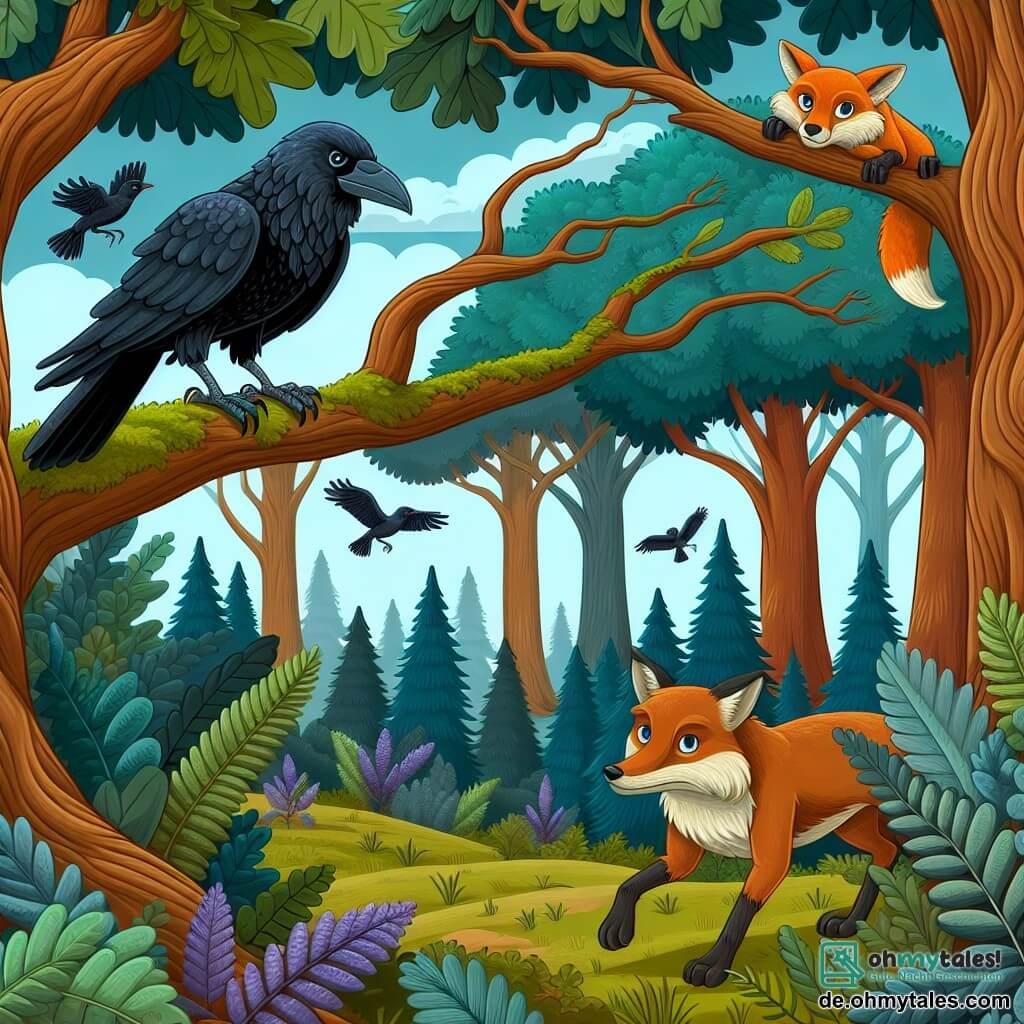 Une illustration destinée aux enfants représentant un corbeau malin perché sur une branche, observant un renard rusé qui s'approche, dans un vaste et majestueux bois de chênes aux feuilles flamboyantes.