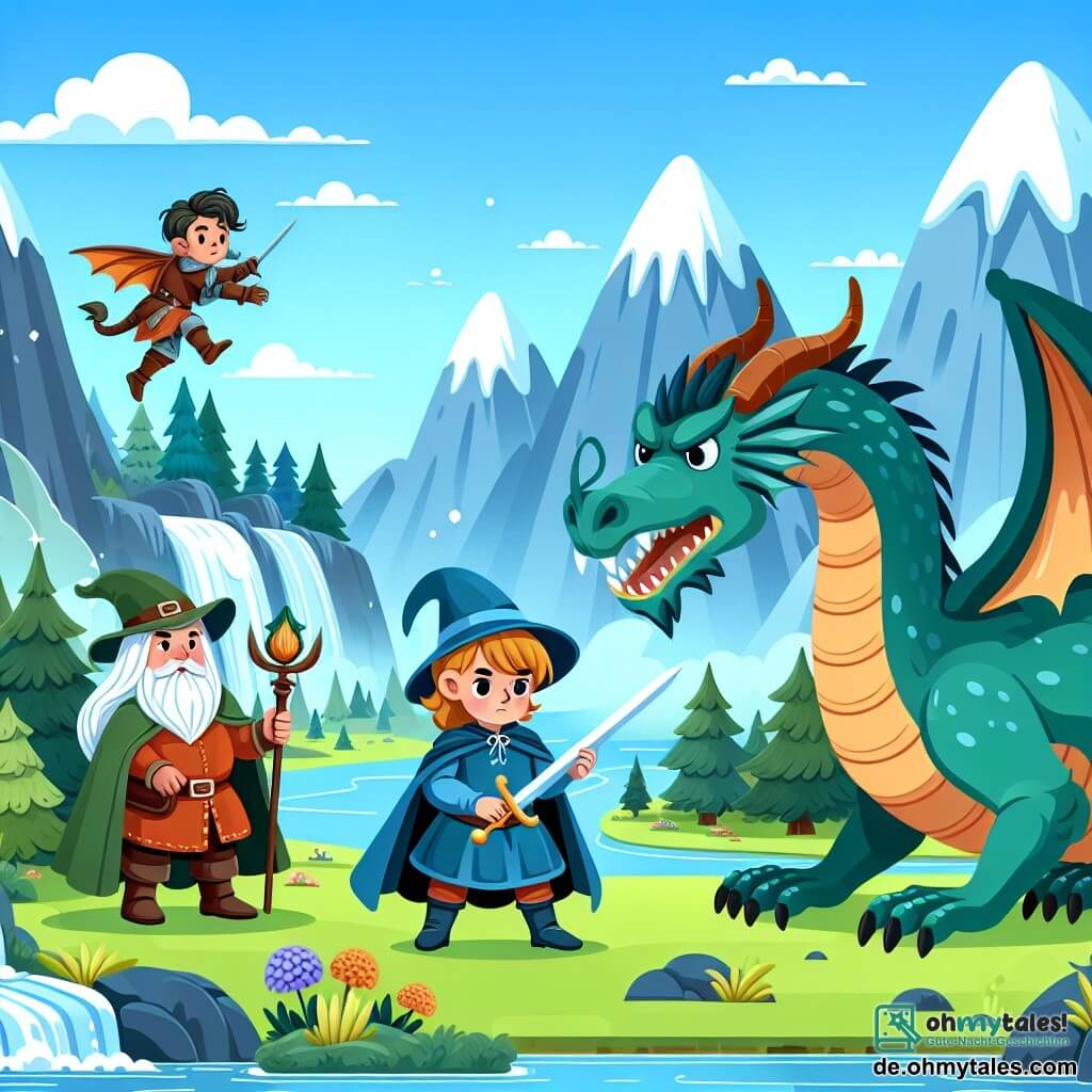 Une illustration destinée aux enfants représentant un prince courageux affrontant un dragon féroce avec l'aide d'une jeune sorcière talentueuse et d'un nain sympathique, dans un royaume enchanté rempli de majestueuses montagnes, de forêts mystérieuses et de rivières scintillantes.