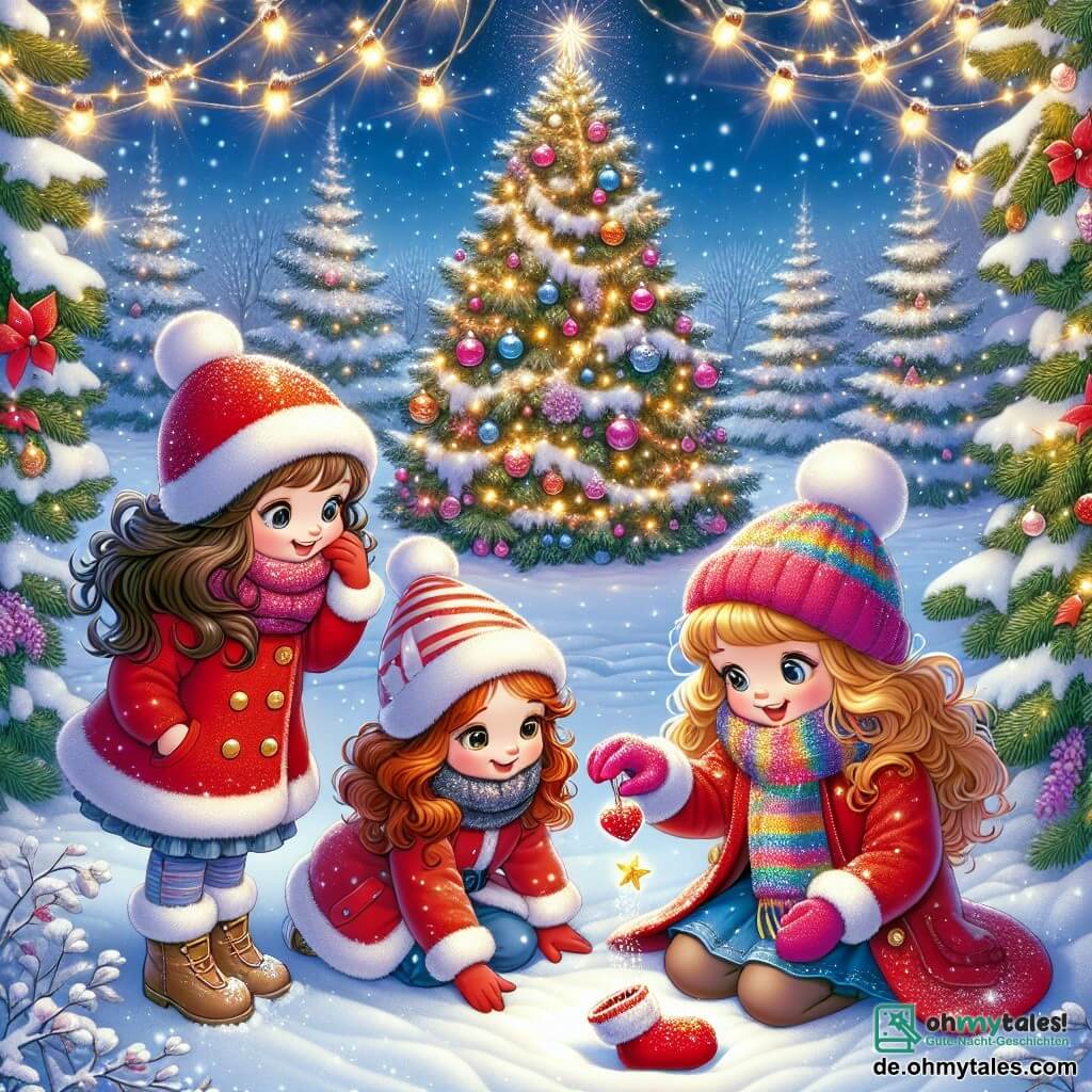 Illustration einer zauberhaften Weihnachtsszene in einem verschneiten Garten. Der Boden ist mit einer dicken Schicht glitzernden Schnees bedeckt, und sanfte Schneeflocken fallen vom Himmel. In der Mitte strahlt ein großer, geschmückter Weihnachtsbaum mit Lichtern und bunten Kugeln im Licht der Sterne. Drei kleine Mädchen, fünf Jahre alt, stehen zusammen. Das erste Mädchen hat lange braune Haare, trägt einen leuchtend roten Mantel und eine passende Mütze. Sie schaut mit Staunen auf eine kleine rote Mütze, die eine ihrer Freundinnen hält. Das zweite Mädchen hat lockige blonde Haare und trägt einen gestreiften Schal, sie lächelt fröhlich und zeigt auf den Baum. Das dritte Mädchen hat kastanienbraune Haare und trägt einen blauen Mantel, sie hockt im Schnee mit den Händen im Pulverschnee, als ob sie etwas suchen würde. Die Hauptsituation zeigt die Mädchen, die eine kleine rote Mütze im Schnee entdecken, Symbol ihres Abenteuers, um einem kleinen Wichtel zu helfen, seine Mütze zu finden. Im Hintergrund erleuchten funkelnde Lichter den Garten, und Fußabdrücke im Schnee führen zum Baum, was der festlichen Szene einen Hauch von Geheimnis und Aufregung verleiht.