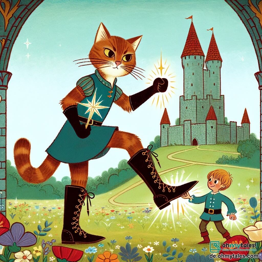 Une illustration destinée aux enfants représentant un malin félin en bottes magiques, orchestrant une révolte contre l'injustice avec l'aide d'un jeune garçon, dans un royaume enchanté aux tours de pierre et aux jardins fleuris, où la magie et la générosité règnent en maîtres.