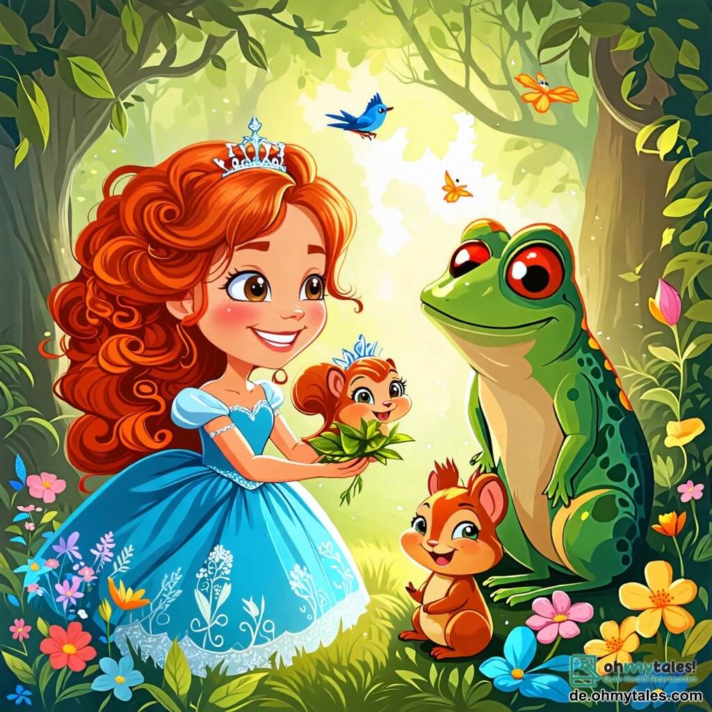 Une illustration sous forme de dessin destinée aux enfants représentant une scène enchantée dans un forêt magique, où une princesse joyeuse aux cheveux rouges bouclés et vêtue d'une robe bleue éclatante, sourit en tenant un magnifique feuillage scintillant, tandis qu'un petit écureuil espiègle aux grands yeux ronds se tient sur son épaule, et un prince transformé en grenouille, avec une peau verte brillante et un air désespéré, se trouve à leurs pieds, le tout baigné dans une lumière dorée et entouré de fleurs colorées et d'oiseaux chantants, illustrant le moment où ils cherchent à briser le sort du prince.