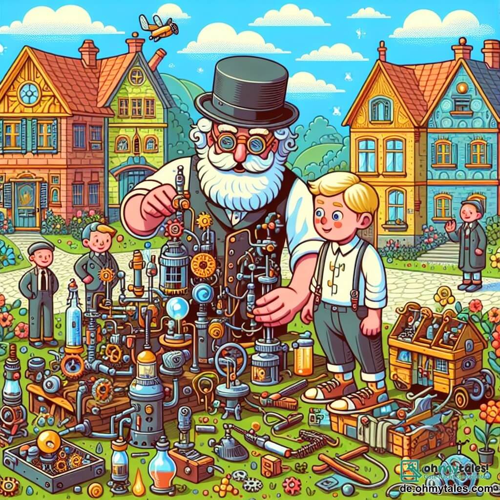 Une illustration destinée aux enfants représentant un excentrique inventeur homme, entouré de gadgets et d'outils farfelus, faisant une démonstration de sa dernière invention à un curieux voisin homme, dans un petit village pittoresque aux maisons colorées et aux jardins fleuris.