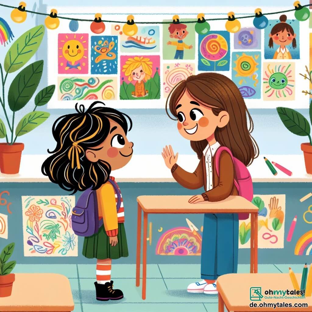 Une illustration destinée aux enfants représentant une jeune fille courageuse et ouverte d'esprit faisant la rencontre d'une nouvelle élève timide et étrangère dans une salle de classe lumineuse et colorée, remplie de dessins joyeux accrochés aux murs et de plantes vertes égayant l'atmosphère.
