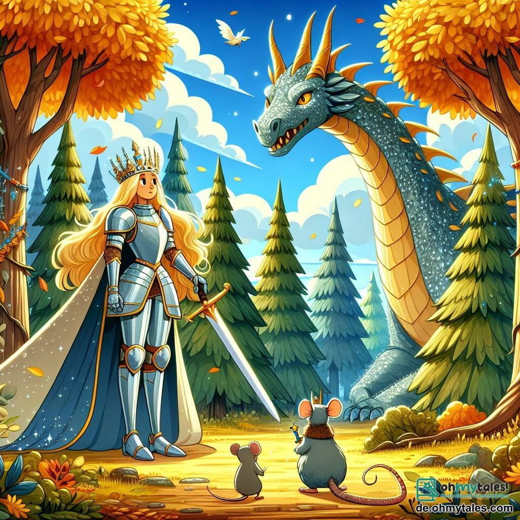 Une illustration sous forme de dessin destinée aux enfants représentant une forêt enchantée, avec de grands arbres aux feuilles dorées et un ciel bleu clair, où se tient une courageuse chevaleresse aux longs cheveux dorés, portant une brillante armure argentée et brandissant un épée, tandis qu'une petite souris grise, son amie fidèle, se tient à ses pieds, regardant avec détermination un grand dragon aux écailles scintillantes et aux yeux lumineux, qui les observe avec curiosité, alors qu'ils se préparent à affronter un sorcier maléfique pour sauver leur royaume.