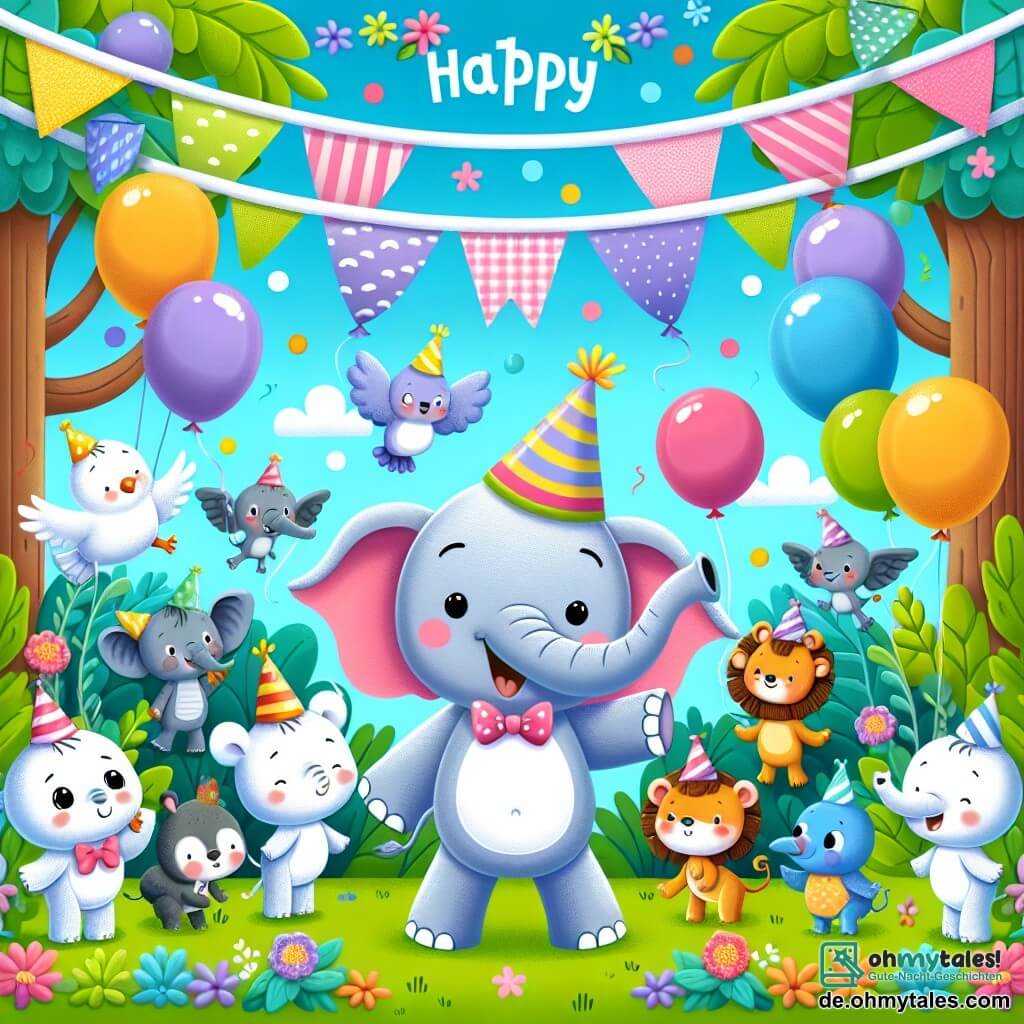 Une illustration destinée aux enfants représentant un éléphant joyeux organisant une fête d'anniversaire amusante avec ses amis animaux dans un jardin coloré rempli de ballons et de guirlandes.