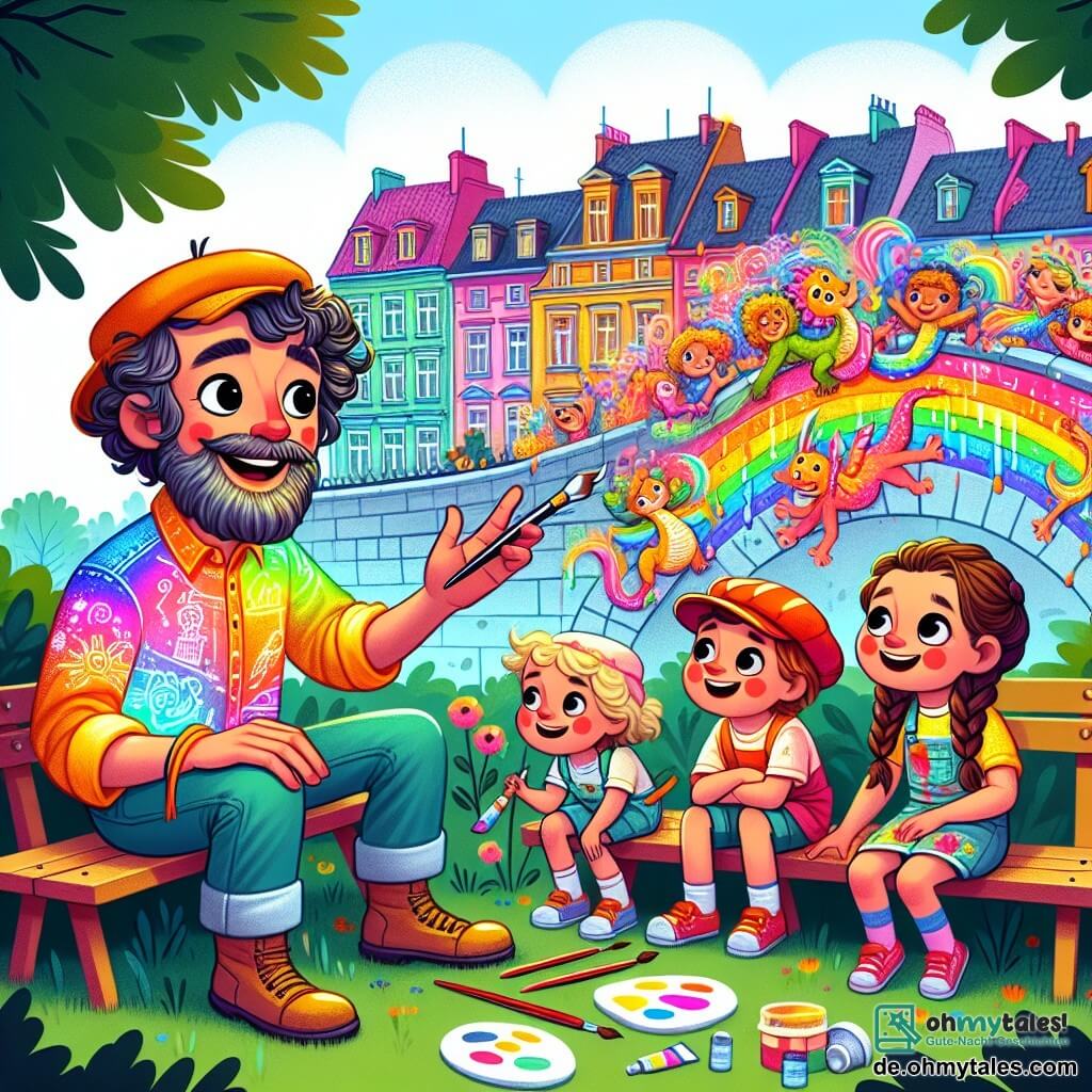Une illustration sous forme de dessin destinée aux enfants représentant un joyeux parc coloré avec des maisons aux teintes vives en arrière-plan, où un homme à la barbe bouclée et au sourire chaleureux, vêtu d'une chemise éclatante et d'un pantalon de peinture, est assis sur un banc en train de discuter avec un groupe d'enfants, dont une fille aux tresses portant une mignonne casquette et un garçon à la casquette rouge, tous deux animés et tenant des pinceaux, alors qu'ils imaginent ensemble un grand mural rempli de dragons, de fleurs et de rainbows, symbolisant l'esprit de créativité et de collaboration.