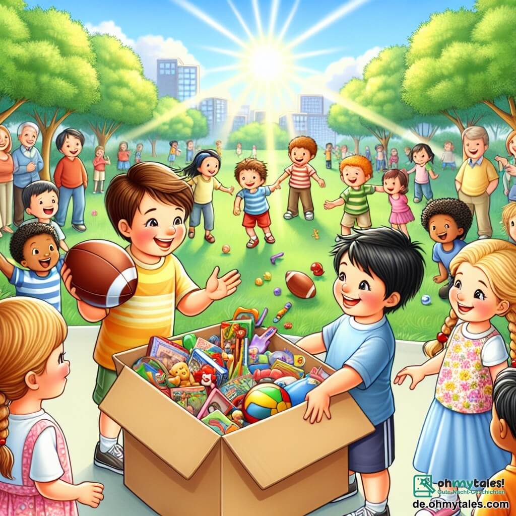 Illustration einer Szene in einem sonnigen Park mit großen Bäumen und grünen Blättern unter einem hellblauen Himmel. In der Mitte versammelt sich eine Gruppe von Kindern um eine große Pappbox, die mit bunten Spielzeugen und Büchern gefüllt ist und eine Spendenaktion symbolisiert. Unter ihnen hält ein etwa 10-jähriger Junge mit zerzausten braunen Haaren und einem warmen Lächeln einen Fußball unter dem Arm. Neben ihm schaut ein 9-jähriges Mädchen mit geflochtenen blonden Haaren und einem Blumenkleid begeistert auf die Spielzeuge. Ein etwas größerer Junge, etwa 11 Jahre alt, mit kurzen schwarzen Haaren und einem schüchternen Ausdruck, beobachtet die Szene mit leuchtenden Augen und zeigt Interesse an den Spenden. Die Hauptsituation zeigt die Kinder, die fröhlich miteinander sprechen, lachen und lächeln, während andere Kinder neugierig zur Box kommen. Im Hintergrund schauen lächelnde Eltern und Erwachsene stolz auf die Szene, was eine Atmosphäre der Solidarität und Gemeinschaft schafft. Sonnenstrahlen filtern durch die Äste der Bäume und verleihen dieser lebendigen und hoffnungsvollen Illustration eine warme Note.