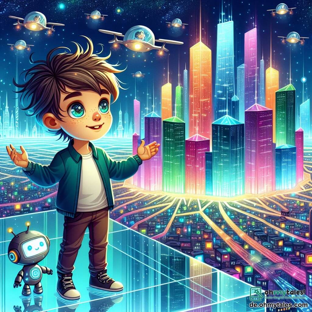 Une illustration destinée aux enfants représentant un garçon aux yeux pétillants et aux cheveux en désordre, débordant d'énergie et d'imagination, se tenant au bord d'une plateforme de verre scintillante, surplombant une ville futuriste aux gratte-ciels multicolores qui brillent sous un ciel étoilé, avec des véhicules volants glissant silencieusement entre les bâtiments, tandis qu'à ses côtés, un petit robot aux lumières clignotantes, son fidèle compagnon, observe avec curiosité l'effervescence de ce monde technologique vibrant.
