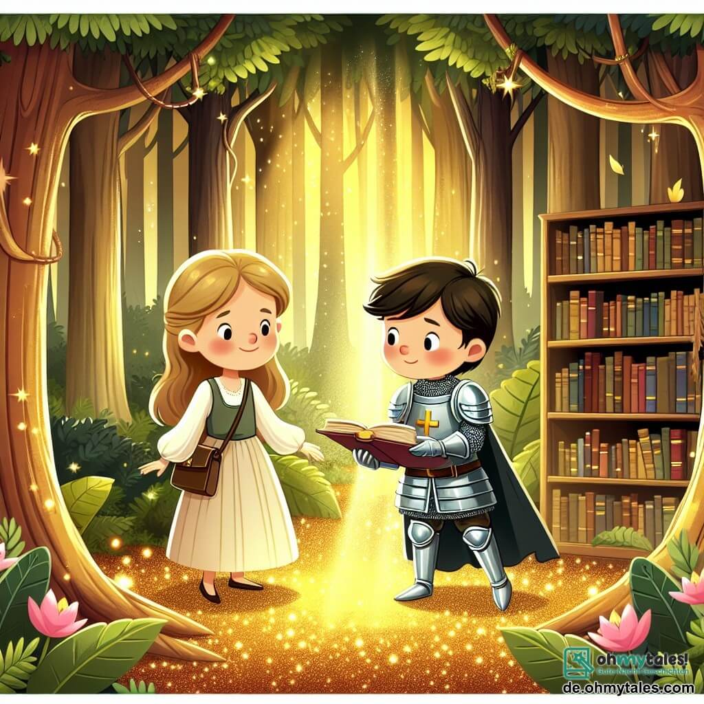 Une illustration destinée aux enfants représentant une jeune femme curieuse se trouvant dans une bibliothèque mystérieuse, accompagnée d'un jeune chevalier courageux, au cœur d'une forêt enchantée aux arbres immenses et au sol tapissé de mousse scintillante, baignée d'une lumière dorée filtrant à travers les feuilles.