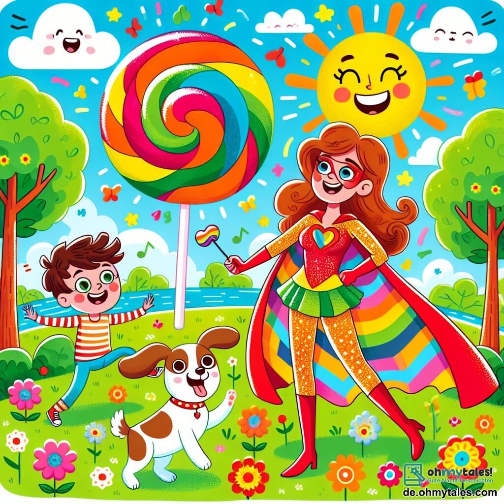 Illustration einer sonnigen Szene in einem bunten Park mit Bäumen mit leuchtend grünen Blättern und bunten Blumen, die im leichten Wind tanzen. In der Mitte steht eine Superheldin mit einem wehenden roten Umhang und einem glänzenden Kostüm mit lustigen Mustern, die fröhlich lächelt und komische Gesten macht, um ihre Freunde zum Lachen zu bringen. An ihrer Seite ein etwa 8-jähriger Junge mit zerzausten Haaren und einem gestreiften T-Shirt, der seltsame Geräusche im Springen imitiert, während ein kleiner Hund mit großen Ohren und braun-weißen Fell freudig im Kreis läuft und bellt. Im Hintergrund schwebt ein großer, bunter Lollipop am Himmel, eingeklemmt zwischen zwei fluffigen Wolken, während die Figuren zusammen lachen und eine fröhliche, verspielte Atmosphäre schaffen.