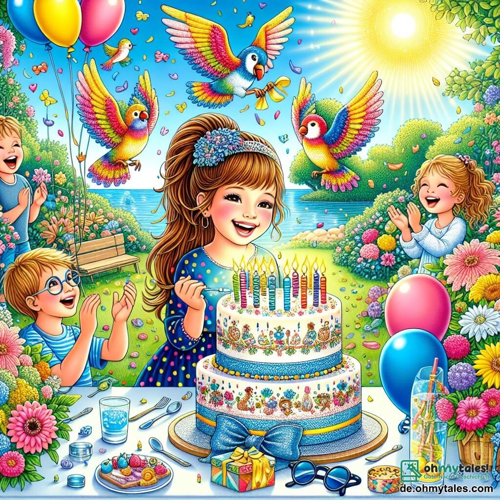 Illustration eines sonnigen Gartens, gefüllt mit bunten Blumen, schwebenden Ballons und einem großen Tisch, der mit einer Geburtstagstorte und vielen funkelnden Kerzen dekoriert ist. Im Mittelpunkt der Szene steht ein 11-jähriges Mädchen mit langen braunen Haaren, die zu einem hohen Pferdeschwanz gebunden sind, und einem bunten gepunkteten Kleid, das fröhlich lächelt, während es einen wunderschönen, funkelnden blauen Stein in den Händen hält. Um sie herum sind mehrere Kinder, darunter ein 10-jähriger Junge mit Brille und zerzausten blonden Haaren, der lacht, während er einen kleinen bunten Vogel auf seinem Finger hält, und ein 9-jähriges Mädchen mit lockigem Haar, das begeistert applaudiert. Die Hauptsituation zeigt das Mädchen inmitten ihrer Freunde, die alle von der Magie der bunten Vögel, die um sie herum fliegen, fasziniert sind und eine festliche, fröhliche Atmosphäre schaffen. Zusätzliche grafische Elemente umfassen exotische Vögel mit leuchtendem Gefieder, Konfetti, das in der Luft schwebt, und Sonnenstrahlen, die die Szene erhellen und diesem unvergesslichen Geburtstag einen Hauch von Magie verleihen.