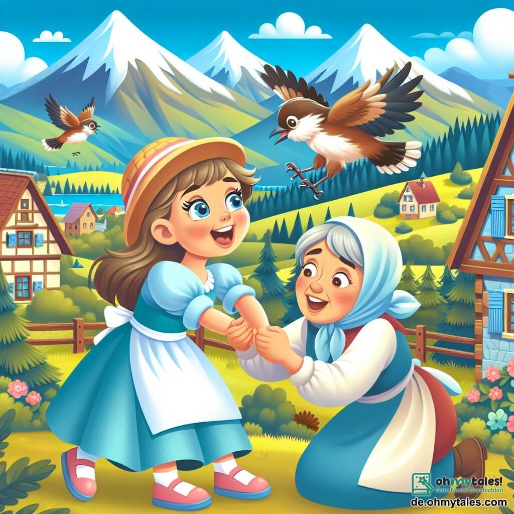 Une illustration destinée aux enfants représentant une fille enthousiaste passant ses vacances d'été dans un charmant village de montagne, où elle sauve un oiseau blessé avec l'aide de sa mère, avant de le voir s'envoler vers la liberté.