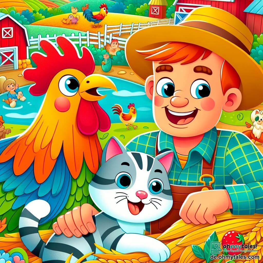 Une illustration destinée aux enfants représentant un coq malicieux, une chatte espiègle, et un fermier souriant, tous réunis dans une ferme colorée et animée où les aventures drôles et joyeuses prennent vie.