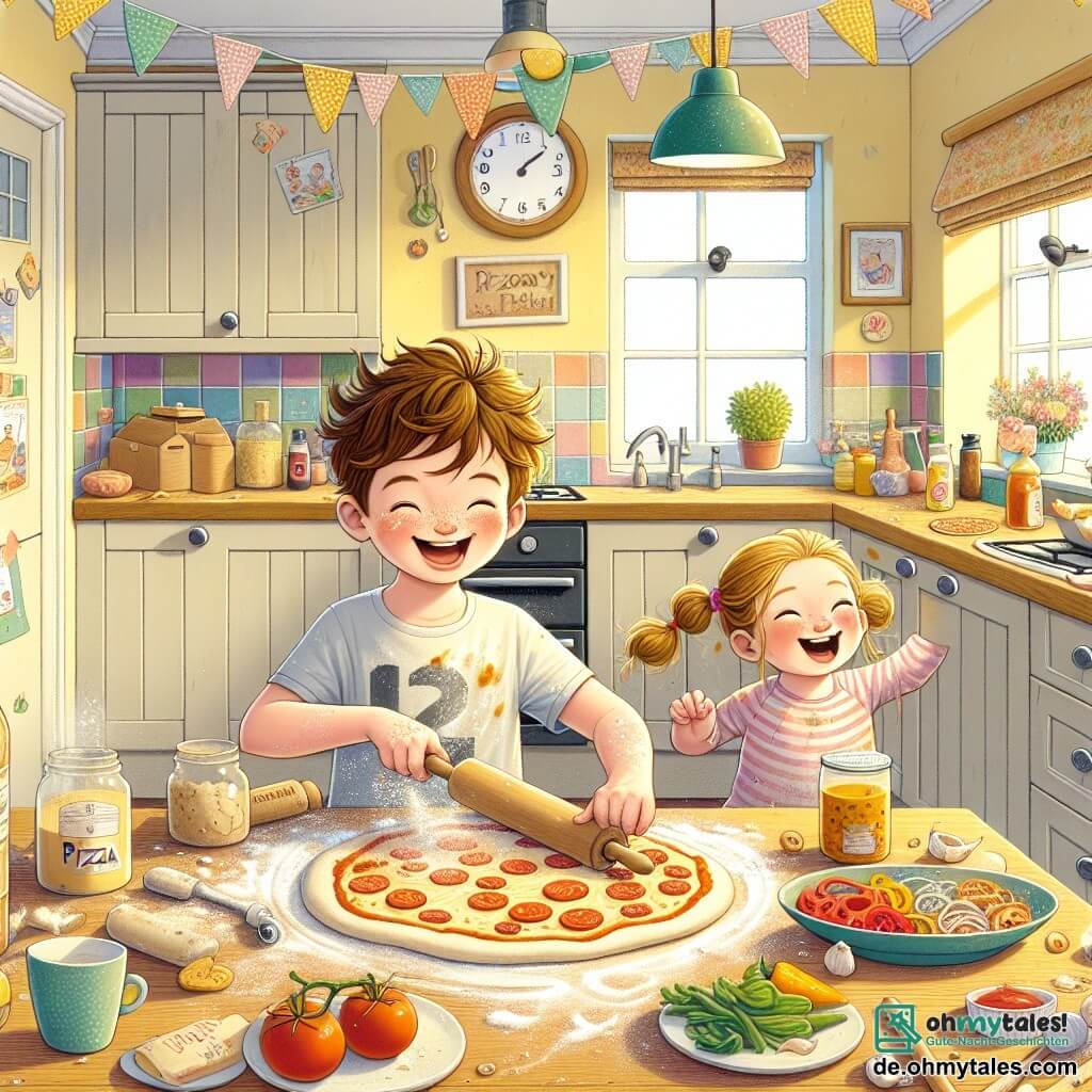 Illustration einer gemütlichen Familienküche mit pastellgelben Wänden, hellen Holzb cabinets und einem großen Holztisch in der Mitte, der mit verschiedenen Zutaten zum Pizzabacken gedeckt ist. Im Vordergrund lächelt ein 11-jähriger Junge mit unordentlichen braunen Haaren und Mehlflecken auf seinem T-Shirt fröhlich, während er Pizzateig auf dem Tisch ausrollt. Neben ihm steht seine 6-jährige Schwester mit blonden Zöpfen und einem strahlenden Gesicht voller Aufregung, die einen Teller mit bunten Belägen hält, bereit, sie auf die Pizza zu geben. Die Szene strahlt eine festliche und freundliche Atmosphäre aus, mit Lachen und Tomatensaucenspritzern, während eine Uhr an der Wand anzeigt, dass das neue Jahr naht, was diesem freudigen Moment eine erwartungsvolle Note verleiht. Papiergirlanden und bunte Ballons schmücken den Raum und betonen den festlichen Geist.