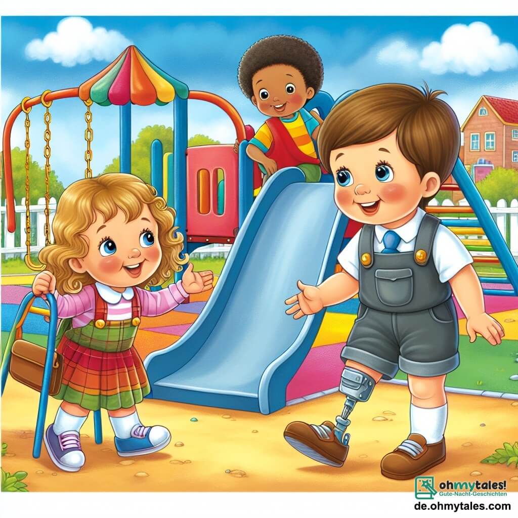 Une illustration destinée aux enfants représentant un petit garçon joyeux et curieux, accompagné de sa meilleure amie, une fille aux cheveux bouclés, découvrant un nouveau camarade de classe, un garçon avec une jambe plus courte, dans la cour de récréation du jardin d'enfants, avec un grand toboggan coloré et des balançoires en arrière-plan.