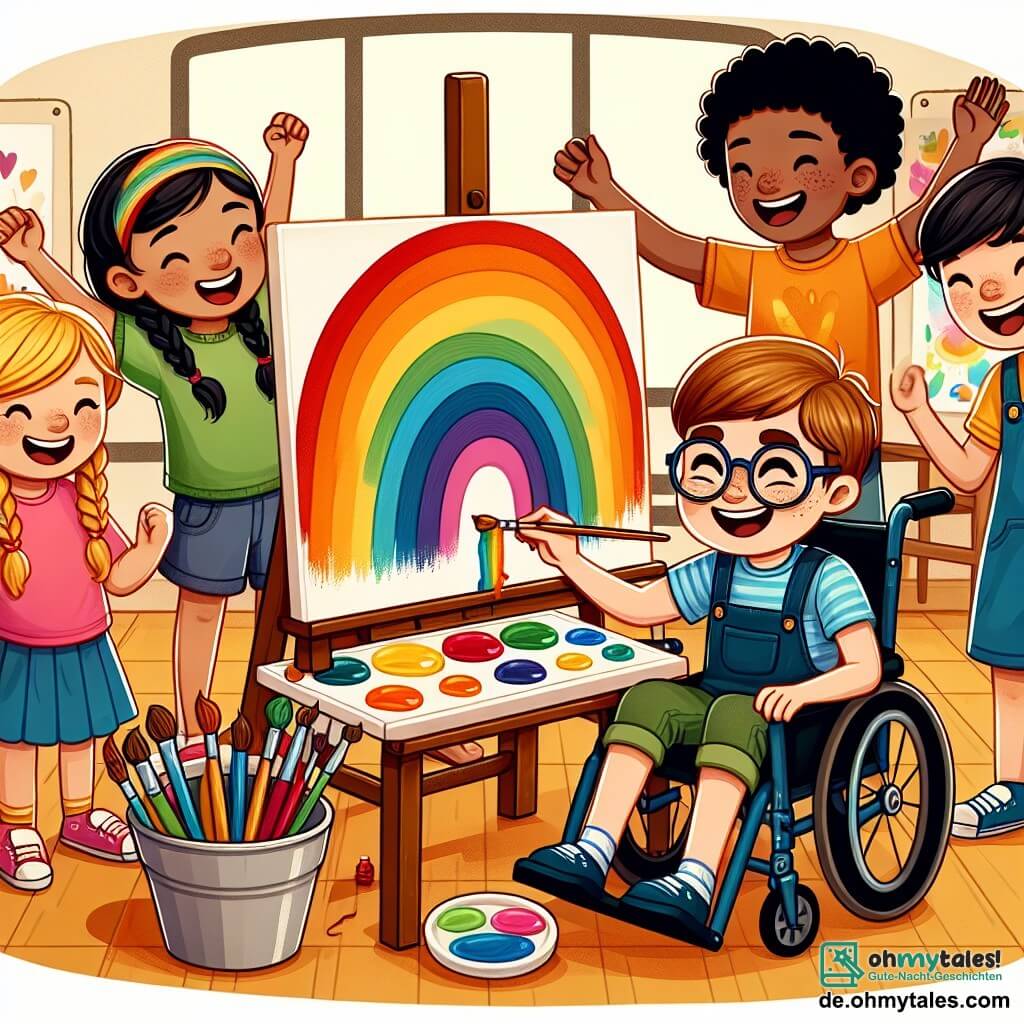 Une illustration sous forme de dessin destinée aux enfants représentant un chaleureux atelier d'art dans un centre communautaire, où un garçon de 11 ans aux cheveux bruns et aux lunettes, concentré et souriant, peint un grand arc-en-ciel vibrant sur une toile, entouré de ses amis : une fille aux cheveux blonds tressés qui l'encourage avec enthousiasme et un garçon en fauteuil roulant aux cheveux noirs qui lui montre comment mélanger les couleurs, symbolisant la créativité et l'amitié face aux défis du handicap.