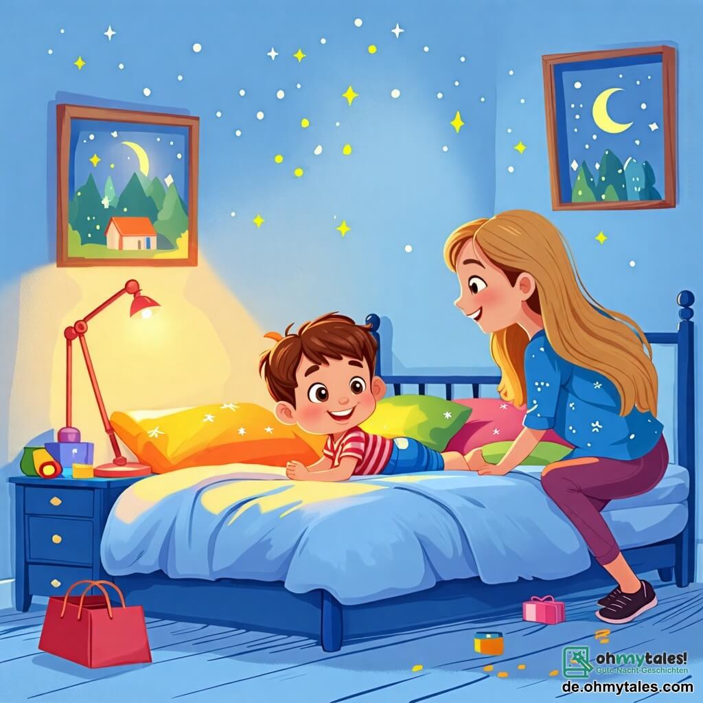 Une illustration sous forme de dessin destinée aux enfants représentant une chambre chaleureuse et accueillante, avec des murs peints en bleu pastel et un grand lit douillet rempli de coussins colorés, au centre un petit garçon de 2 ans aux cheveux bruns et aux yeux pétillants, allongé dans son lit, tenant une petite lampe de chevet allumée qui éclaire son visage souriant, tandis qu'à côté de lui, sa maman, une femme douce aux cheveux longs et blonds, s'accroupit avec un regard rassurant, leur montrant que la lumière chasse les ombres, symbolisant la victoire sur la peur du noir.