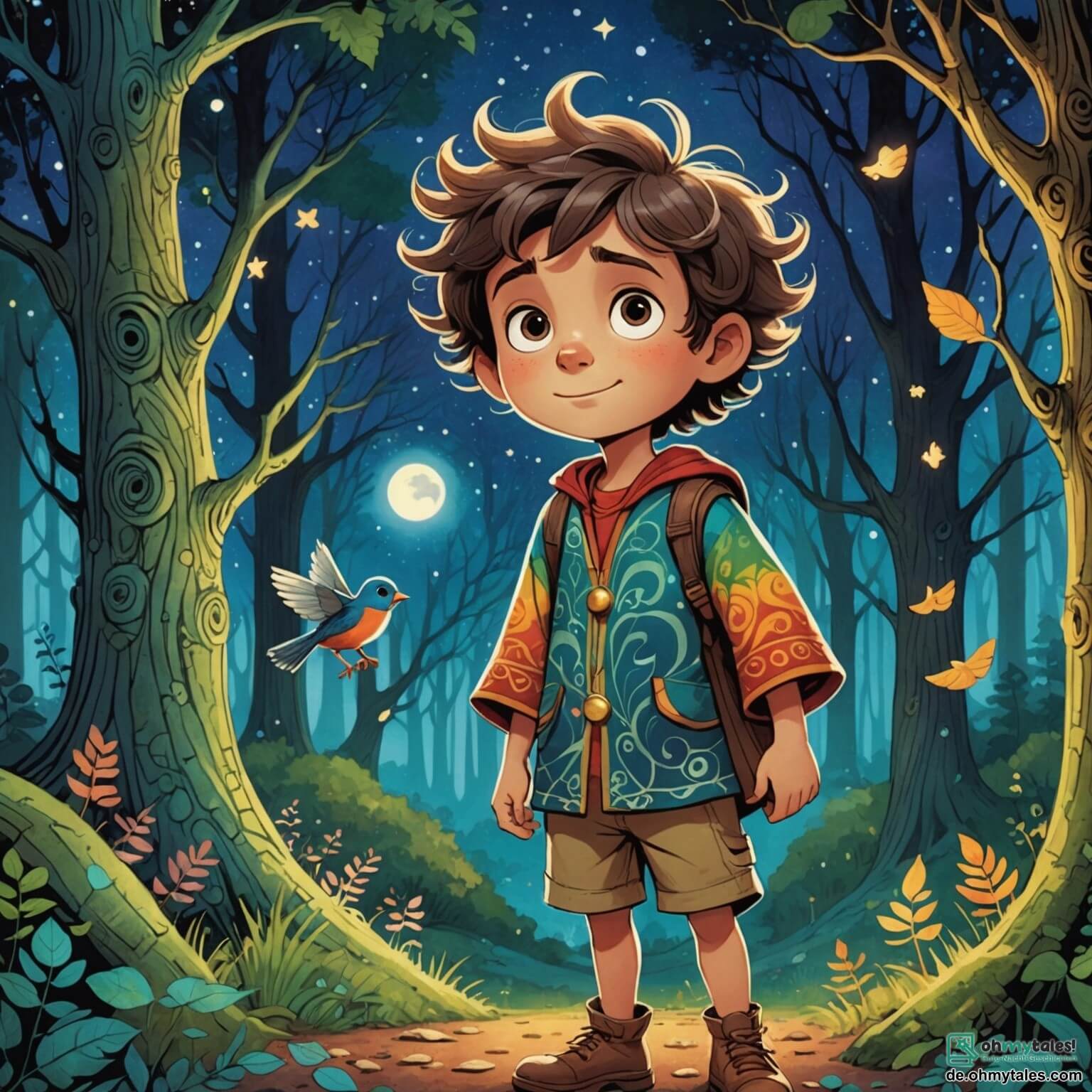 Une illustration destinée aux enfants représentant un petit garçon intrépide aux cheveux ébouriffés, vêtu d'une tunique colorée, se tenant devant une forêt enchantée où les arbres aux troncs spirales brillent de mille couleurs sous la lumière des étoiles, tandis qu'un petit oiseau aux plumes scintillantes, personnage secondaire, l'observe avec curiosité, prêt à l'accompagner dans sa quête pour sauver les étoiles magiques volées par un sorcier maléfique.