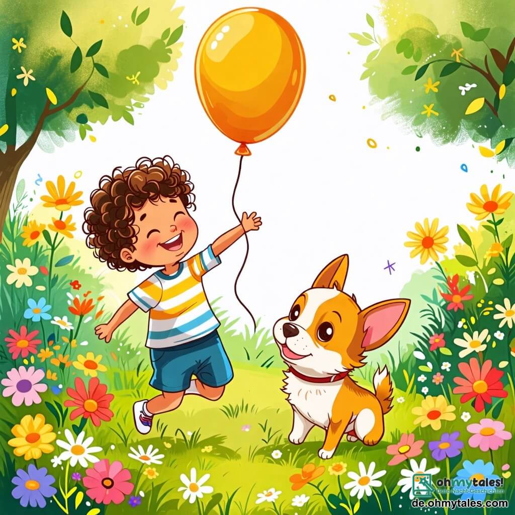 Une illustration sous forme de dessin destinée aux enfants représentant un jardin ensoleillé rempli de fleurs colorées, où un petit garçon de 2 ans aux cheveux bouclés et aux yeux pétillants, vêtu d'un t-shirt rayé et d'un short, lance joyeusement un ballon, tandis qu'à ses côtés, un petit chien aux poils dorés et aux grandes oreilles, avec une expression enthousiaste, court après le ballon, illustrant ainsi leur belle amitié et leur moment de jeu insouciant ensemble.