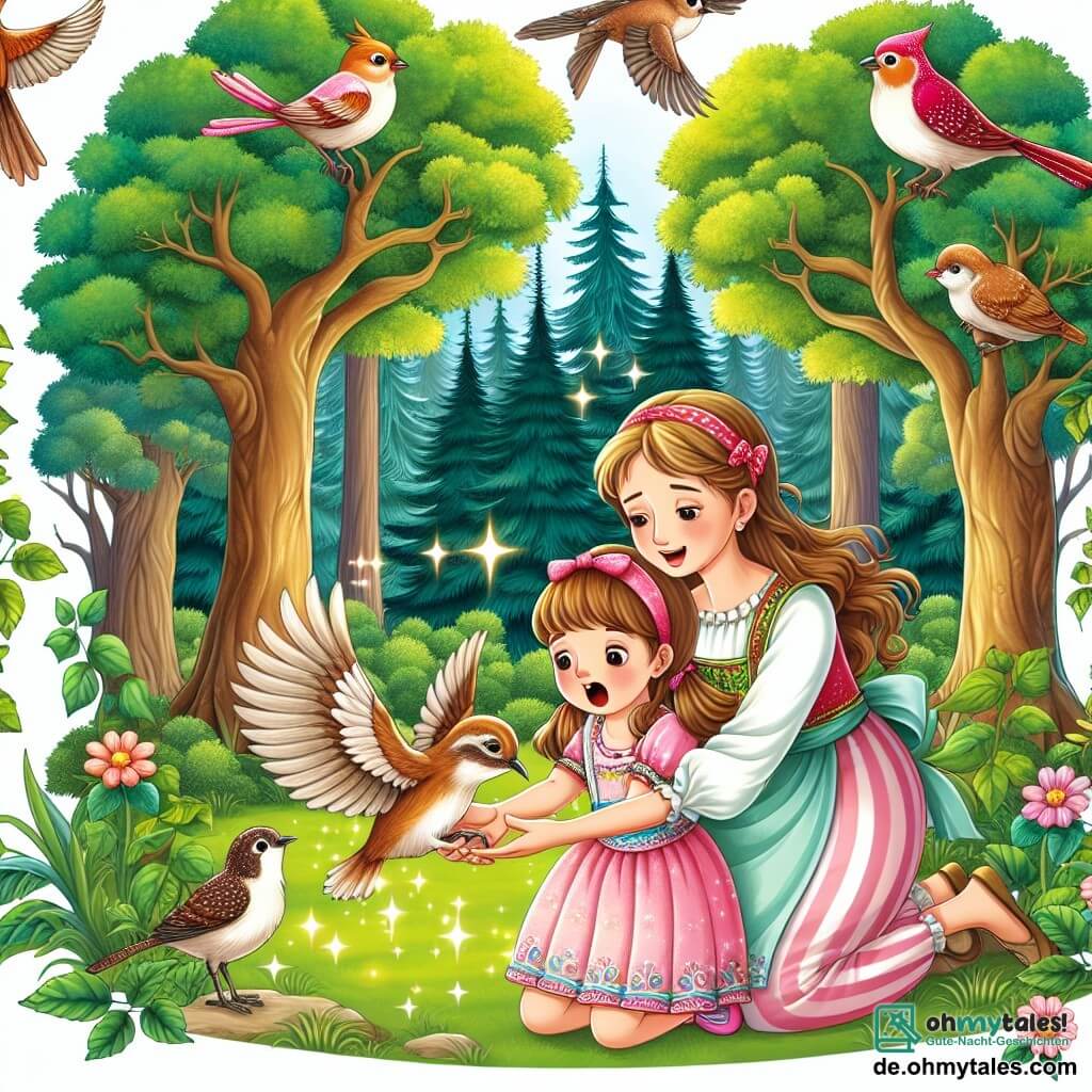 Une illustration destinée aux enfants représentant une fillette passionnée par la nature qui découvre un oiseau blessé dans la forêt enchantée de Sonnenwald, accompagnée de sa mère bienveillante, entourée de grands arbres majestueux aux feuilles chatoyantes et de joyeux oiseaux chantants.