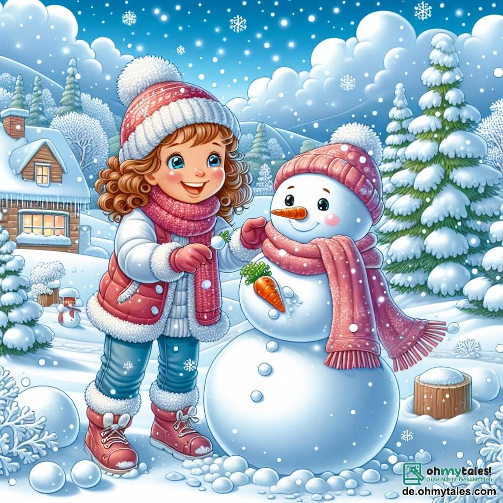 Eine Illustration zeigt eine märchenhafte Winterlandschaft, mit einer dicken Schicht funkelnden Schnees, die den Boden und die Dächer der Häuser bedeckt. Bäume mit schneebeladenen Ästen erheben sich im Hintergrund, während der Himmel in hellem Blau mit flauschigen weißen Wolken übersät ist. Im Vordergrund baut ein 11-jähriges Mädchen mit lockigem, kastanienbraunem Haar, das einen dicken roten Schal und eine rosa Daunenjacke trägt, einen Schneemann. Ihr Gesicht strahlt mit einem breiten Lächeln, und ihre Wangen sind durch die Kälte gerötet. Neben ihr hält ein 10-jähriger Junge mit kurzen blonden Haaren, der einen blauen Mantel und eine grüne Mütze trägt, eine Karotte, die er als Nase auf den Schneemann setzen möchte. Er lacht fröhlich, seine Augen funkeln vor Aufregung. Die Szene fängt den Moment ein, in dem die beiden Freunde zusammen Spaß haben, umgeben von sanft fallenden Schneeflocken. Fußabdrücke im Schnee führen zu ihrem Werk, und funkelnde Flocken in der Luft verleihen dem Ganzen einen magischen Touch.