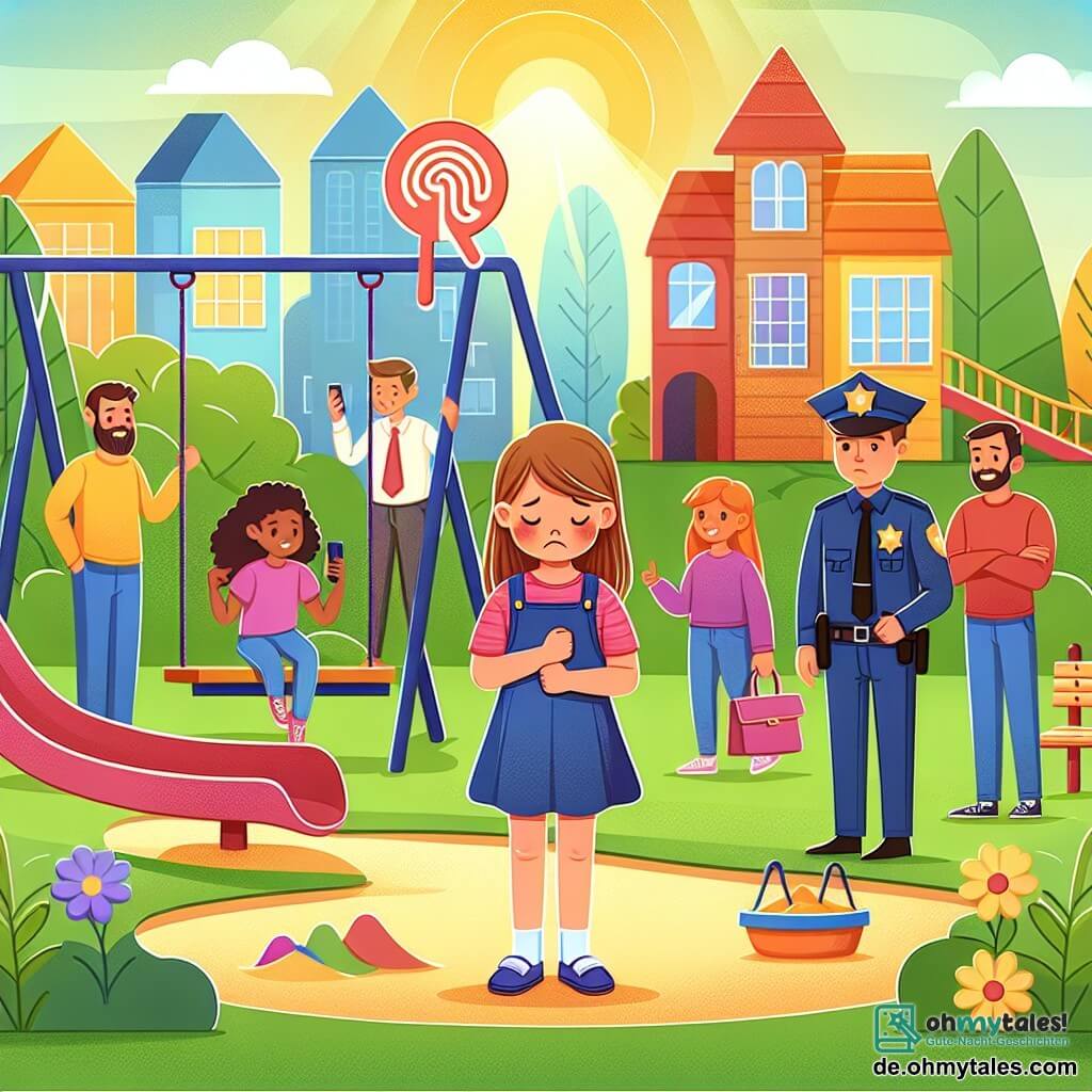Une illustration destinée aux enfants représentant une jeune fille confrontée au cyberharcèlement, soutenue par ses amis et la police, sur un joli et coloré terrain de jeu ensoleillé avec des balançoires, un toboggan et un bac à sable.