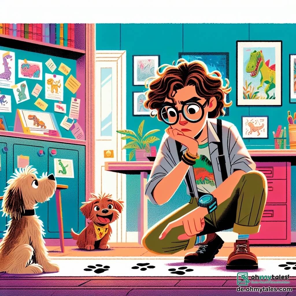 Une illustration sous forme de dessin destinée aux enfants représentant un bureau coloré et chaleureux, rempli de cartes et de dessins, où une femme aux cheveux bruns bouclés et portant de grandes lunettes observe attentivement des empreintes de pattes sur le sol, tandis qu'un garçon aux cheveux blonds ébouriffés, vêtu d'un t-shirt à motif de dinosaure, regarde avec inquiétude, et un petit chien brun aux yeux expressifs s'approche joyeusement d'eux, le tout dans une atmosphère d'aventure et de mystère.