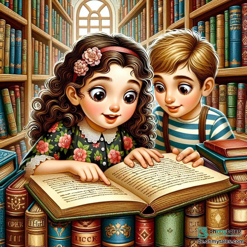 Une illustration sous forme de dessin destinée aux enfants représentant une vieille bibliothèque remplie de livres anciens aux couvertures colorées, où une fille de 11 ans aux cheveux bruns et bouclés, portant une robe à fleurs, feuillette un vieux livre poussiéreux avec des yeux pétillants de curiosité, tandis qu'un garçon aux cheveux blonds et courts, vêtu d'un t-shirt à rayures, se penche par-dessus son épaule, tous deux découvrant ensemble un mystérieux indice sur une page qui pourrait les mener à un trésor caché dans leur petite ville.