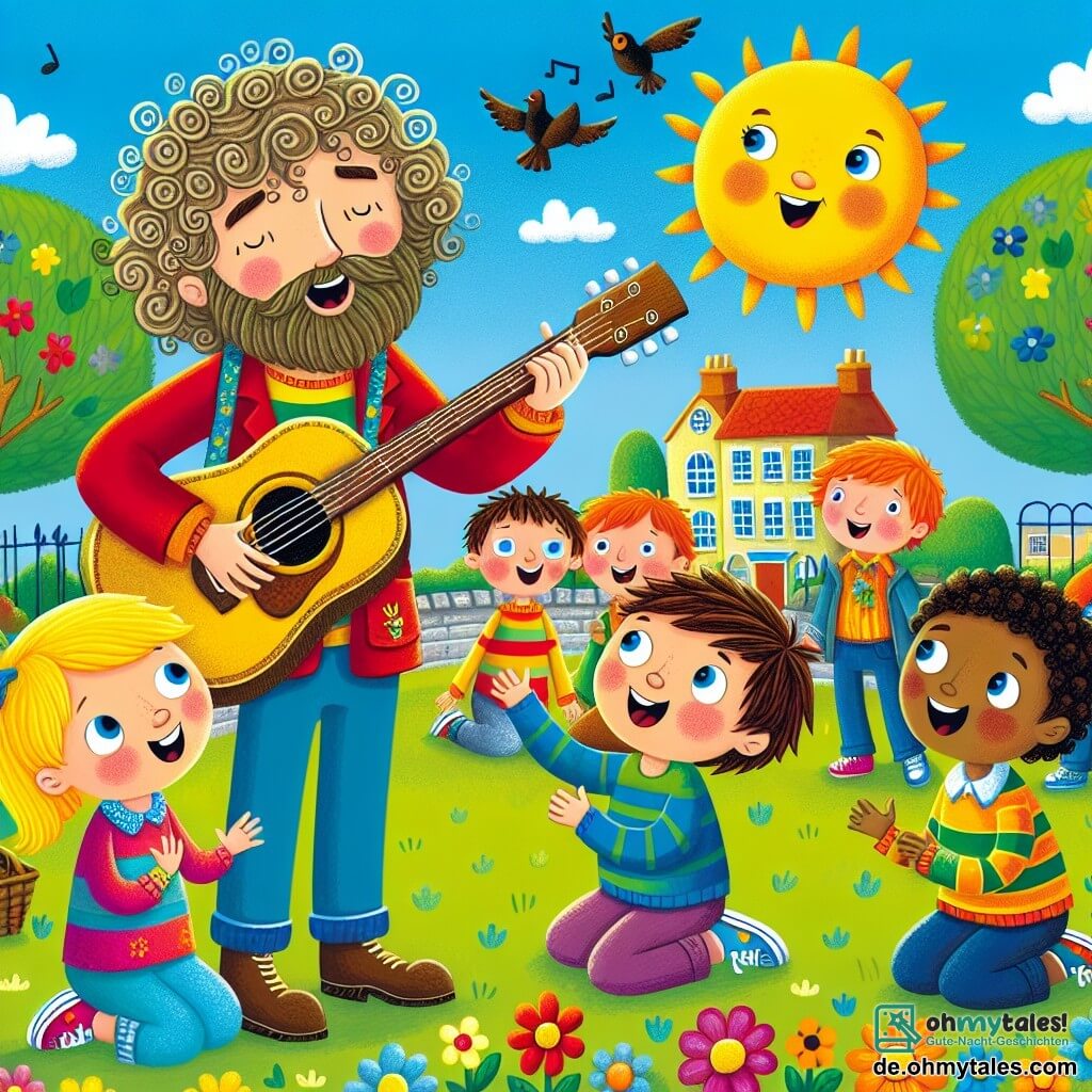 Une illustration sous forme de dessin destinée aux enfants représentant une scène ensoleillée dans un parc coloré de la petite ville de Musiqueville, où un homme aux cheveux bouclés et à la guitare en bandoulière chante joyeusement, entouré d'un groupe d'enfants, dont un garçon aux yeux brillants et un sourire radieux, qui l'écoute avec admiration tout en chantant en chœur avec les autres enfants, tous vêtus de vêtements colorés, tandis que des oiseaux volent dans le ciel bleu et que des fleurs multicolores embellissent le paysage.