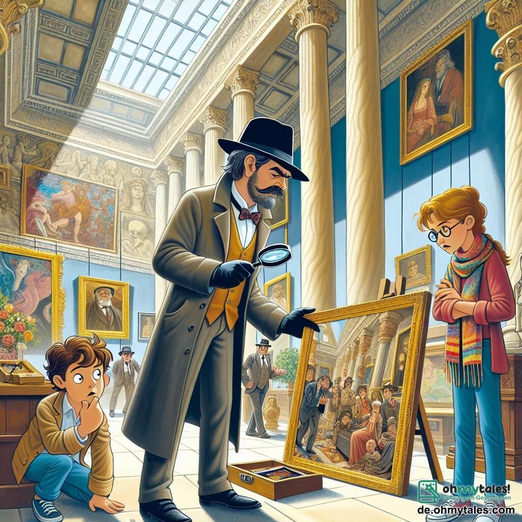 Illustration destinée aux enfants représentant une scène dans un musée ancien, avec de grandes colonnes en marbre et des murs ornés de magnifiques tableaux colorés. Au centre, un homme détective, avec un chapeau noir, une moustache soignée et une loupe à la main, examine attentivement un tableau volé, son visage marqué par la concentration. À ses côtés, une femme, la directrice du musée, avec un foulard coloré autour du cou et des lunettes, regarde le détective avec une expression d'espoir et d'inquiétude. En arrière-plan, un jeune homme, le gardien du musée, au visage inquiet et aux cheveux bruns en désordre, observe la scène, les bras croisés. L'atmosphère est tendue, avec des ombres projetées sur le sol, et un tableau célèbre, caché dans une boîte en bois, est visible à côté d'eux, symbolisant le mystère à résoudre.