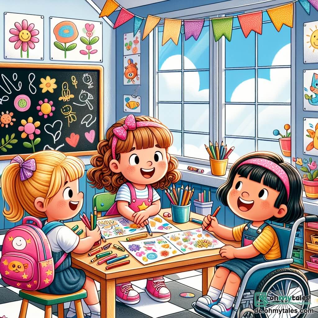 Illustration eines hellen und bunten Klassenzimmers mit großen Fenstern, die Sonnenlicht hereinlassen. Die Wände sind mit Zeichnungen von Tieren und Pflanzen dekoriert, und eine Tafel ist mit Kreide beschriftet. In der Mitte des Raumes sitzen drei Kinder an einem großen Tisch. Ein fünfjähriges Mädchen mit braunen Zöpfen trägt einen rosa Rucksack mit glänzenden Sternen und lächelt fröhlich, während es Buntstifte hält. Neben ihr sitzt ein anderes fünfjähriges Mädchen mit lockigem, blondem Haar, das einen roten Rucksack mit einem lächelnden Dinosaurier trägt und begeistert ein offenes Buch betrachtet. Schließlich sitzt ein fünfjähriges Mädchen mit kurzen schwarzen Haaren in einem Rollstuhl. Sie hat einen blauen Rucksack mit bunten Blumen und lächelt breit, während sie ein Blatt Papier hält, auf dem sie Blumen gezeichnet hat. Die drei Kinder arbeiten gemeinsam an einem Kunstprojekt, lachen und teilen Ideen, umgeben von Stiften, Markern und Papier. Auf dem Tisch liegen bunte Collagen und Zeichnungen verteilt, die ihre Träume und Leidenschaften zeigen. Die Atmosphäre ist fröhlich und freundlich, voller Kreativität und Freundschaft.