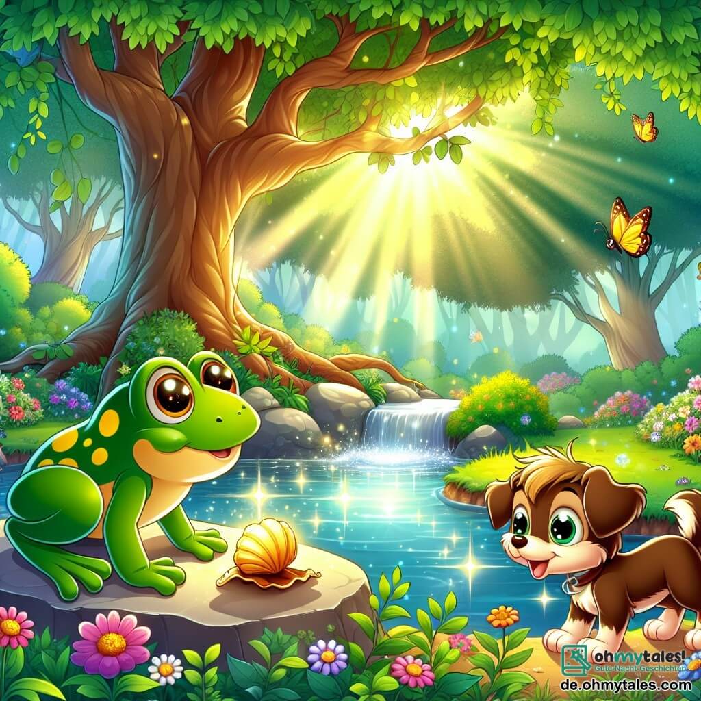 Illustration, die wunderschönes Licht zeigt, das durch die Blätter eines großen Baumes filtert und eine grüne Lichtung erhellt, die von bunten Blumen umgeben ist. In der Mitte steht ein kleiner grüner Frosch mit funkelnden, glänzenden Augen und gelben Flecken auf dem Rücken auf einem flachen Stein am Rand eines glitzernden Teiches. Neugierig schaut er auf eine schöne, glänzende Muschel, die ein sanftes Licht ausstrahlt. Neben ihm gräbt ein junger Maulwurf mit braunem Fell und kleinen Pfoten, der einen schelmischen Gesichtsausdruck hat, begeistert den Boden umher und ist bereit, seiner Freundin zu helfen. Die Szene strahlt eine Atmosphäre von Abenteuer und Magie aus, mit Schmetterlingen, die umherflattern, und Sonnenstrahlen, die auf dem Wasser tanzen.