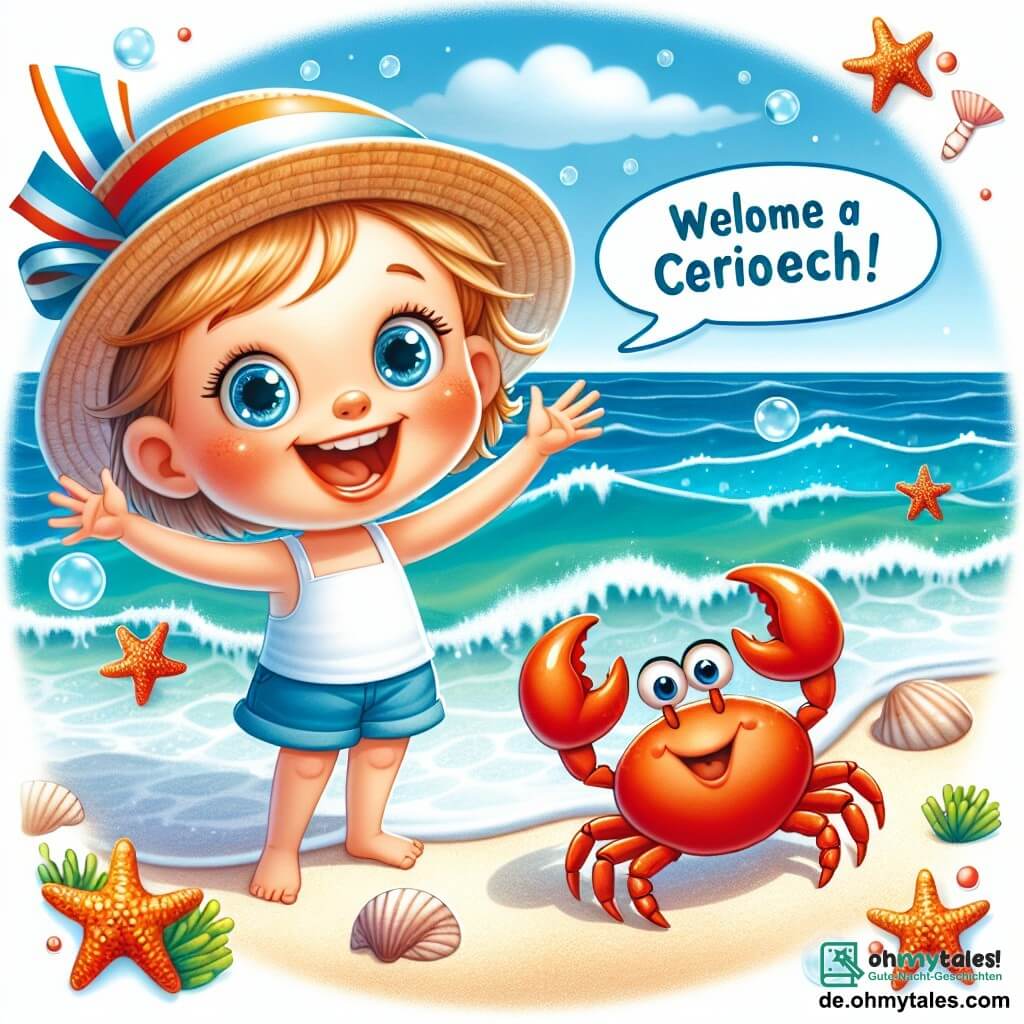 Une illustration destinée aux enfants représentant une petite fille émerveillée par les merveilles de la plage, accompagnée d'un petit crabe nommé Karlchen, sur une plage de sable blanc bordée par des eaux bleues cristallines.