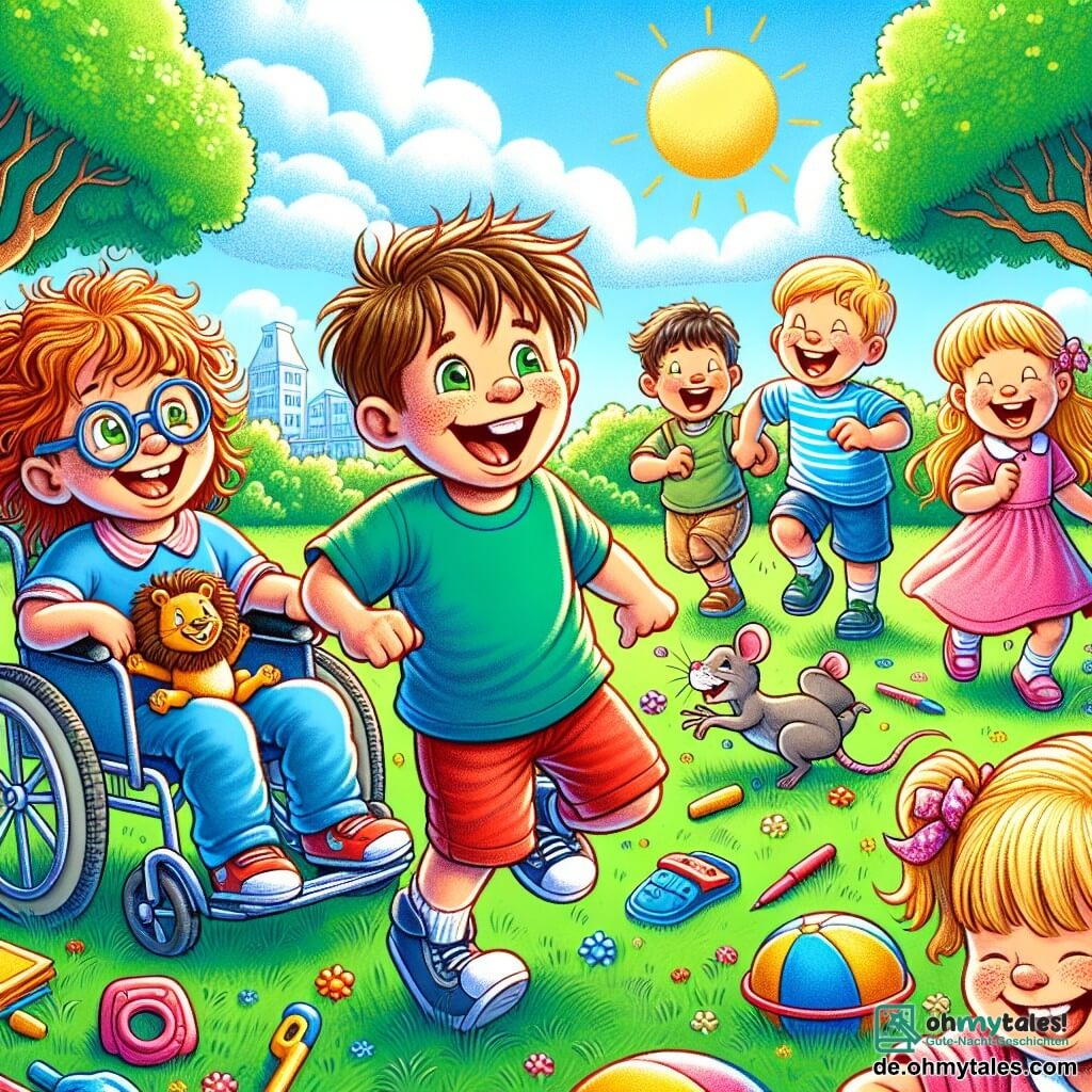 Illustration einer sonnigen Schulhof mit üppigen Bäumen und einem großen blauen Himmel, der mit einigen weißen Wolken durchzogen ist. In der Mitte spielt eine Gruppe von Kindern fröhlich. Unter ihnen imitiert ein sechsjähriger Junge mit zerzausten blonden Haaren, der ein blaues T-Shirt und eine rote Shorts trägt, einen Löwen, während er mit großem Lächeln brüllt. Neben ihm lacht ein sechsjähriger Junge im Rollstuhl mit braunen Haaren und Brille, während er sich schnell bewegt, während ein sechsjähriges Mädchen mit langen, lockigen Haaren, das ein rosa Kleid trägt, so tut, als wäre sie eine Maus, und um sie herum läuft. Die Szene strahlt eine Atmosphäre von Kameradschaft und Freude aus und verdeutlicht die Bedeutung von Freundschaft und Akzeptanz in einer neuen Umgebung. Bunte Spielzeuge und Ballons sind auf dem Boden verstreut und verleihen dem Ganzen eine fröhliche Note.