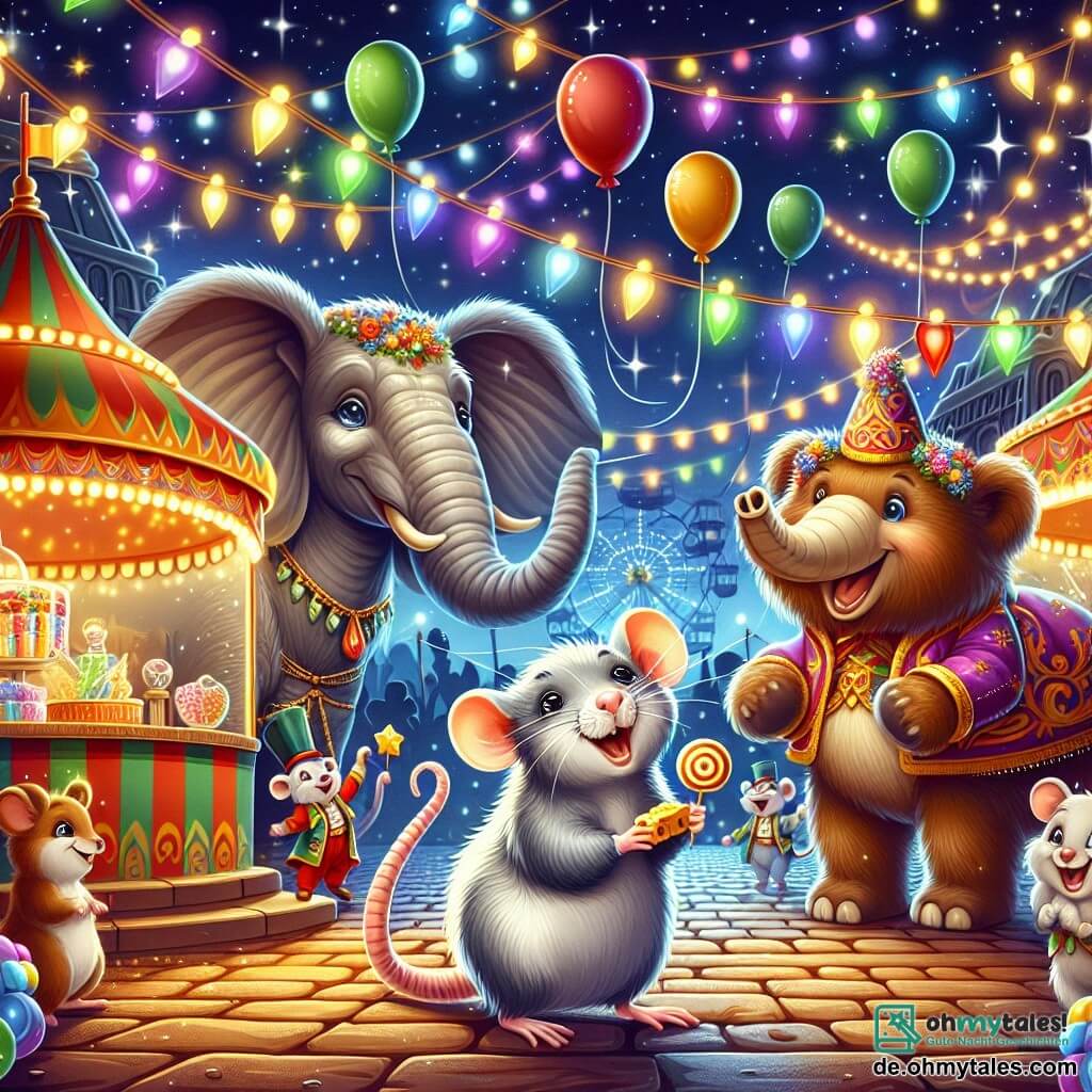 Eine Illustration zeigt eine magische Szene in einem Zoo, der von bunten Lichtern erleuchtet wird, mit Spielständen und Leckereien unter einem sternenklaren Himmel. Im Vordergrund steht eine kleine Ratte mit großen Ohren und grauem Fell, die mit funkelnden Augen auf ihren Hinterbeinen steht und ein Stück Käse in ihren kleinen Vorderpfoten hält, während sie strahlend lächelt. Neben ihr führt ein majestätischer Elefant mit großen Ohren, geschmückt mit bunten Blumen, eine Zirkusnummer vor, während ein brauner Bär mit seidig glänzendem Fell und fröhlichem Ausdruck einen Witz einer Gruppe von Tieren erzählt, die um sie versammelt sind und herzlich lachen. Die Szene ist erfüllt von Lachen und Freude, mit Ballons, die in der Luft schweben, und funkelnden Sternen, die eine festliche und warme Atmosphäre schaffen.
