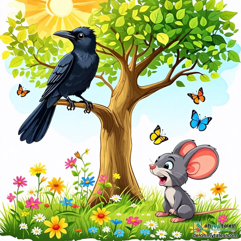 Une illustration sous forme de dessin destinée aux enfants représentant un grand arbre aux feuilles vertes luxuriantes dans une clairière ensoleillée, avec un corbeau aux plumes noires brillantes et aux yeux malicieux, perché sur une branche en train de faire des grimaces tout en imitant des bruits d'animaux, tandis qu'une petite souris grise aux grandes oreilles et à la queue frétillante, assise sur l'herbe en dessous, rit aux éclats, entourée de fleurs colorées et de papillons virevoltants, capturant l'esprit joyeux et ludique de leur amitié.