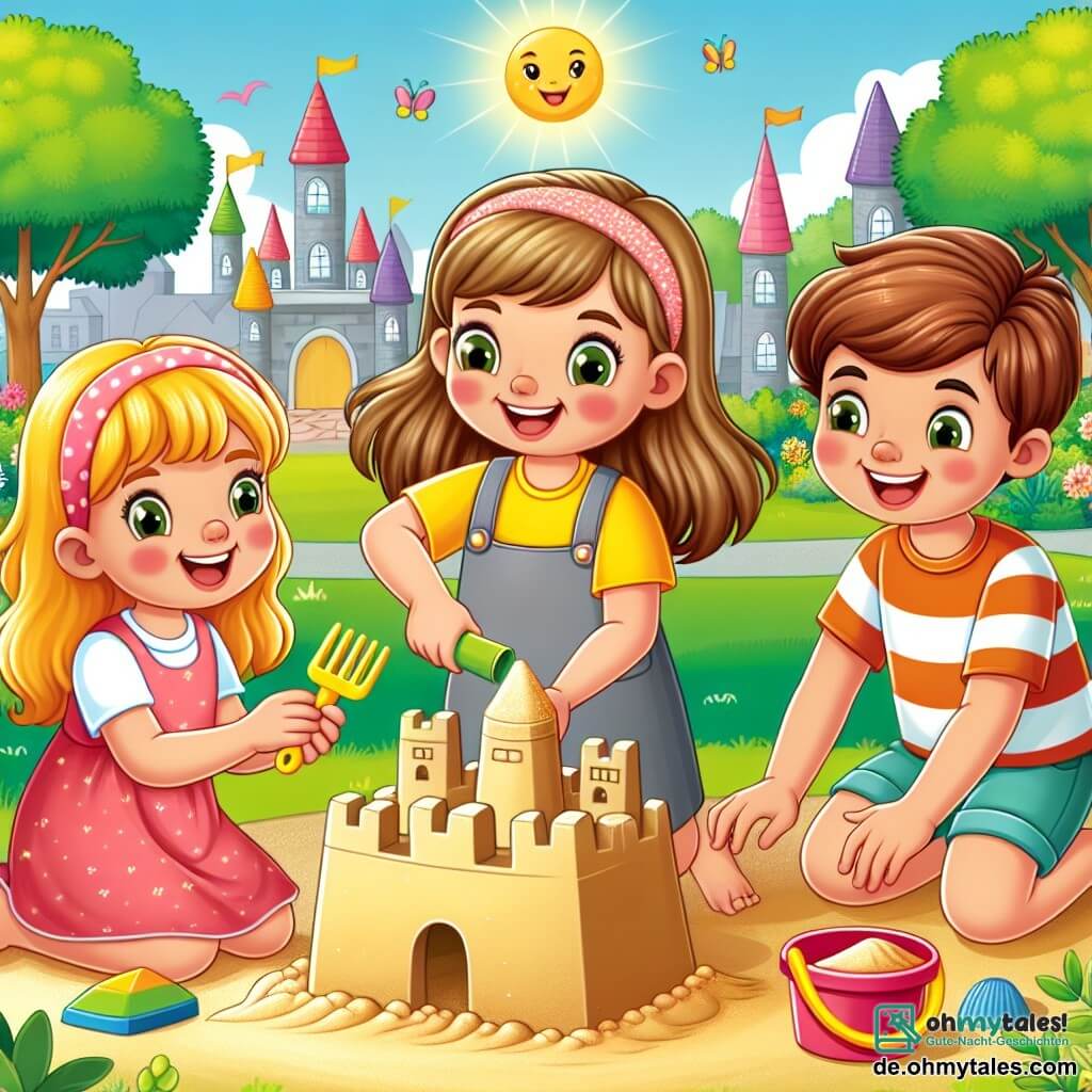 Une illustration destinée aux enfants représentant une petite fille joyeuse faisant une sandcastle avec ses nouveaux amis, une fille et un garçon, dans un parc ensoleillé et coloré.