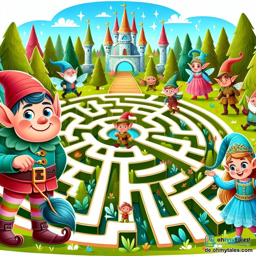 Une illustration destinée aux enfants représentant un petit troll malicieux, un groupe d'elfes joyeux, et un magnifique labyrinthe enchanté aux allées sinueuses et aux ponts invisibles, dans un splendide et coloré bois enchanté.