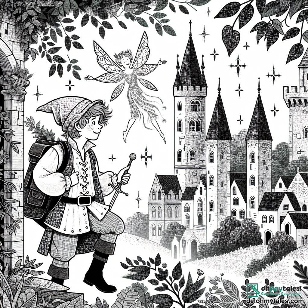Une illustration destinée aux enfants représentant un jeune aventurier intrépide, une fée bienveillante aux ailes scintillantes, dans une ville ensorcelée aux ruelles étroites et aux tours de pierre ornées de lierre.