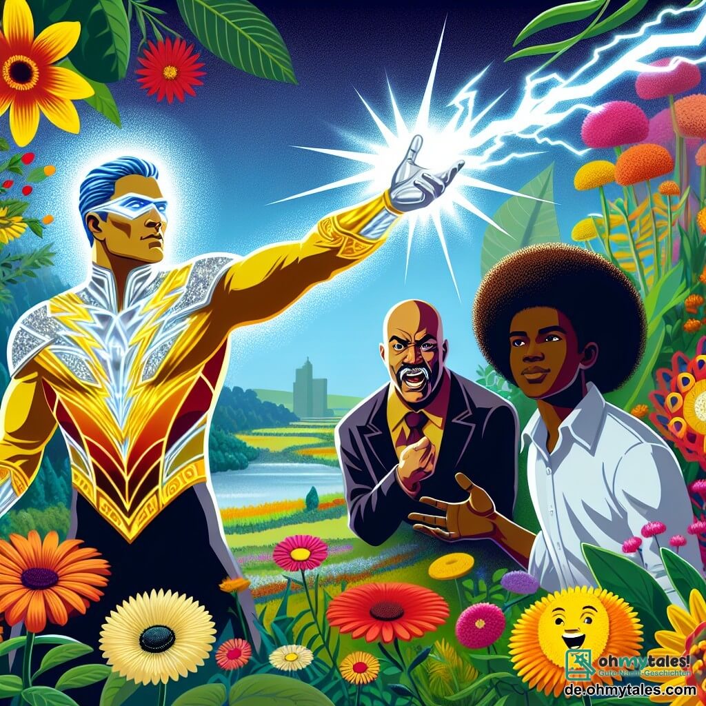 Une illustration sous forme de dessin destinée aux enfants représentant un parc coloré de Glitzerville, rempli de fleurs éclatantes et de verdure luxuriante, où un homme au costume jaune et argenté, avec des cheveux bleus brillants, se tient en position héroïque, lançant un éclair d'énergie vers un grand homme musclé en noir, au visage sombre, qui tente de contrôler des plantes en colère, tandis qu'une fille aux cheveux bruns et bouclés, pleine d'enthousiasme, encourage le héros avec un sourire, et des fleurs aux visages joyeux flottent autour d'eux, témoignant de l'union entre la nature et les humains.