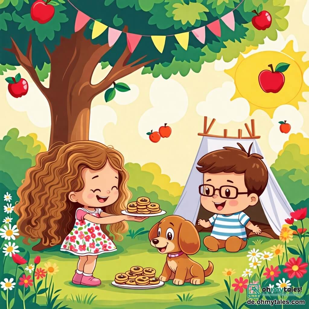 Illustration eines sonnigen Gartens, gefüllt mit bunten Blumen und einem großen Apfelbaum, unter dem ein kleines Zelt mit bunten Girlanden steht. Im Vordergrund ein 7-jähriges Mädchen mit langen, lockigen braunen Haaren, das ein Blumenkleid trägt und breit lächelt. Sie reicht einem kleinen, niedlichen Tier, einem braunen, weichen Dachs, einen Teller mit köstlichen Keksen, das sehr interessiert an den Leckereien scheint. Neben ihr lachen zwei Jungen von etwa 7 Jahren, einer mit zerzausten blonden Haaren und einem gestreiften T-Shirt, der andere mit braunen Haaren und einer Brille, während sie bunte Ballons halten. Die Szene strahlt eine fröhliche und freundliche Atmosphäre aus, mit Lachen und lebhaften Farben, die einen Moment des Teilens und der Kameradschaft während ihrer improvisierten Feier illustrieren.