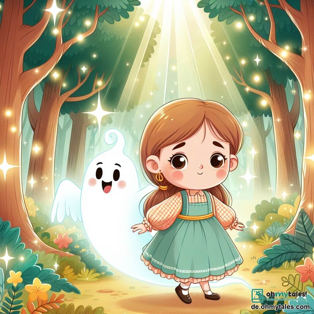 Une illustration destinée aux enfants représentant un jeune fantôme fille, perdue dans le mystérieux et enchanté bois de lumière, accompagnée de son fidèle ami, un esprit garçon lumineux aux joues rosées, dans un décor de majestueux arbres aux feuilles scintillantes et de doux rayons de soleil filtrant à travers les branches.