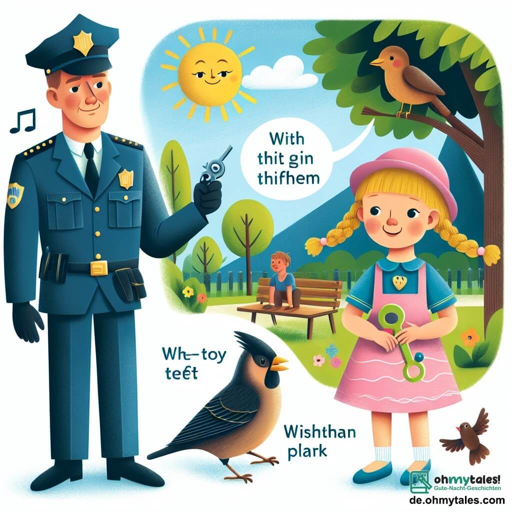 Une illustration destinée aux enfants représentant un grand policier aux cheveux bruns, une situation de vol de jouets à résoudre, une petite fille aux longs zöpfen blonds et un parc ensoleillé avec des oiseaux chantant et des arbres ombragés à Wiesenhausen.