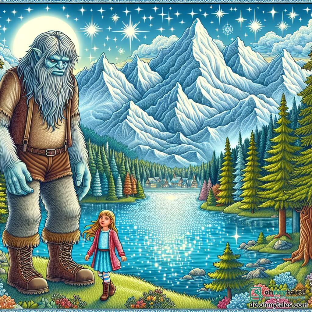 Une illustration destinée aux enfants représentant un géant bienveillant et triste, une petite fille courageuse, un magnifique lac scintillant entouré de majestueuses montagnes enneigées dans le merveilleux monde du Waldenwood.
