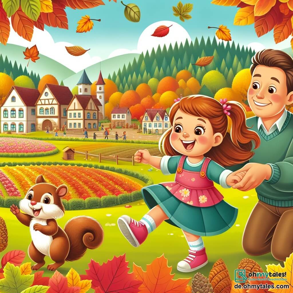 Une illustration destinée aux enfants représentant une petite fille joyeuse s'amusant dans un grand jardin rempli de feuilles d'automne, accompagnée de son papa et d'un petit écureuil curieux, dans un village pittoresque au bord d'une forêt colorée.
