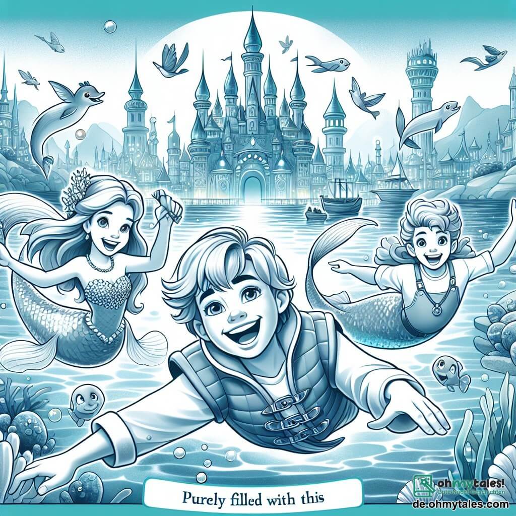 Une illustration destinée aux enfants représentant une sirène joyeuse, un garçon courageux et ses amis, nageant dans les eaux scintillantes de Sirenopolis, la ville sous-marine des créatures magiques.