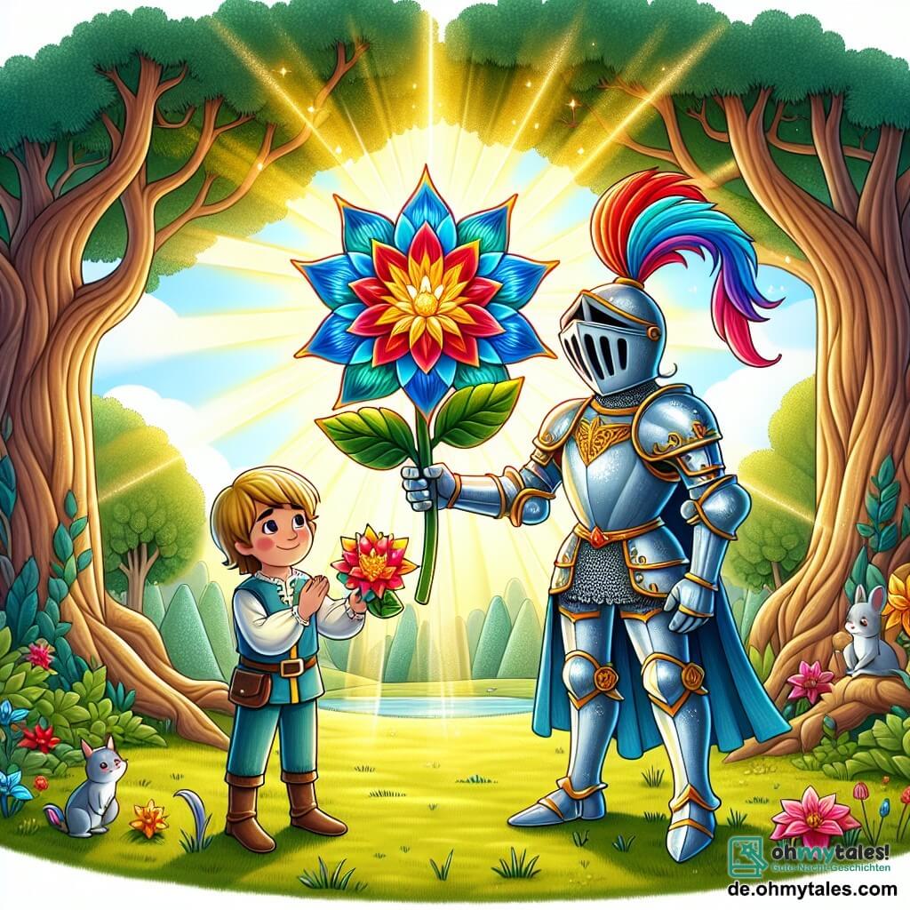 Eine Illustration zeigt eine wunderschöne sonnige Lichtung, umgeben von hohen Bäumen mit leuchtend grünen Blättern. In der Mitte strahlt eine magische Blume in lebhaften Farben, rot, blau und gelb, im Sonnenlicht und verströmt einen betörenden Duft. Ein Ritter, ein Mann in seinen Dreißigern, steht stolz und entschlossen da, trägt eine glänzende Rüstung, die im Licht funkelt. Sein Helm ist mit einer bunten Feder geschmückt, und er hat einen mutigen Ausdruck auf seinem Gesicht. Er kauert und hält die magische Blume vorsichtig in seinen Händen, bereit, sie mitzunehmen, um sein Königreich zu retten. Neben ihm steht ein kleiner Junge von etwa 8 Jahren mit blonden Haaren und funkelnden Augen, der die Blume bewundernd betrachtet. Er trägt einfache Kleidung und hat ein fröhliches Lächeln, das seine Bewunderung für den Ritter zeigt. Die Hauptsituation zeigt den Ritter, der bereit ist, sich auf die Suche zu begeben, um sein Königreich zu heilen, während der kleine Junge ihn begeistert anfeuert. Sonnenstrahlen filtern durch die Bäume und beleuchten die Szene mit einer magischen und hoffnungsvollen Atmosphäre. Tiere des Waldes, wie Kaninchen und Vögel, verleihen dieser Illustration Leben und Magie.